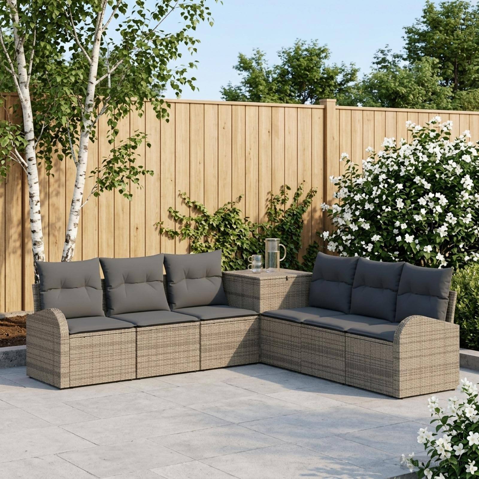 Terrasse im Freien mit zwei grauen Rattansektionalsofas um einen kleinen Tisch herum, vor einem Holzzaun und blühenden Büschen.