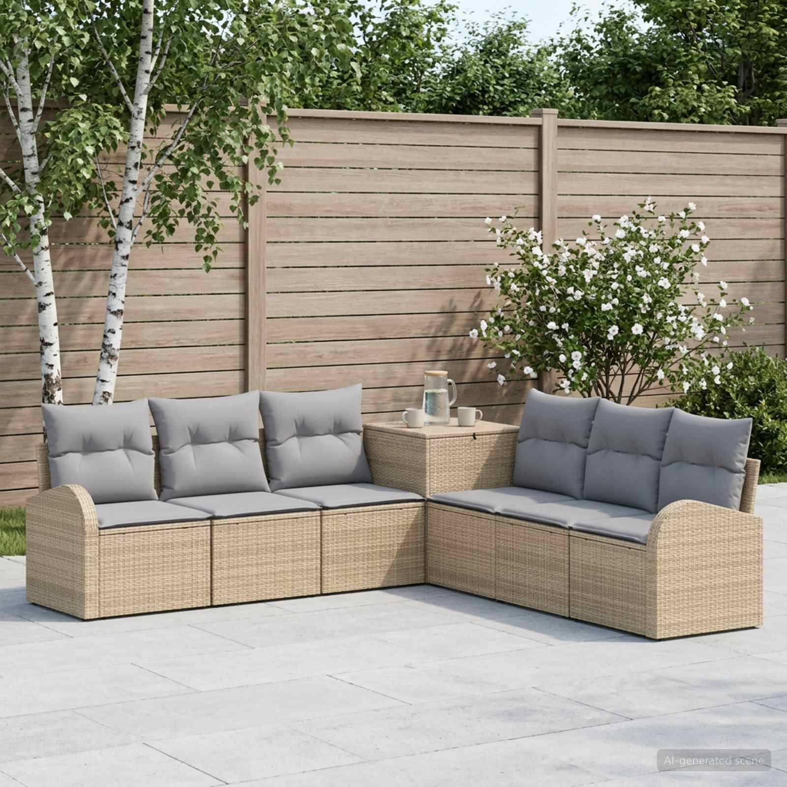 Gartenplatz-Sitzmöbelset mit zwei geflochtenen Rattansofa, grauen Kissen und einem passenden Eckntisch neben einem Holzzaun und Bäumen.