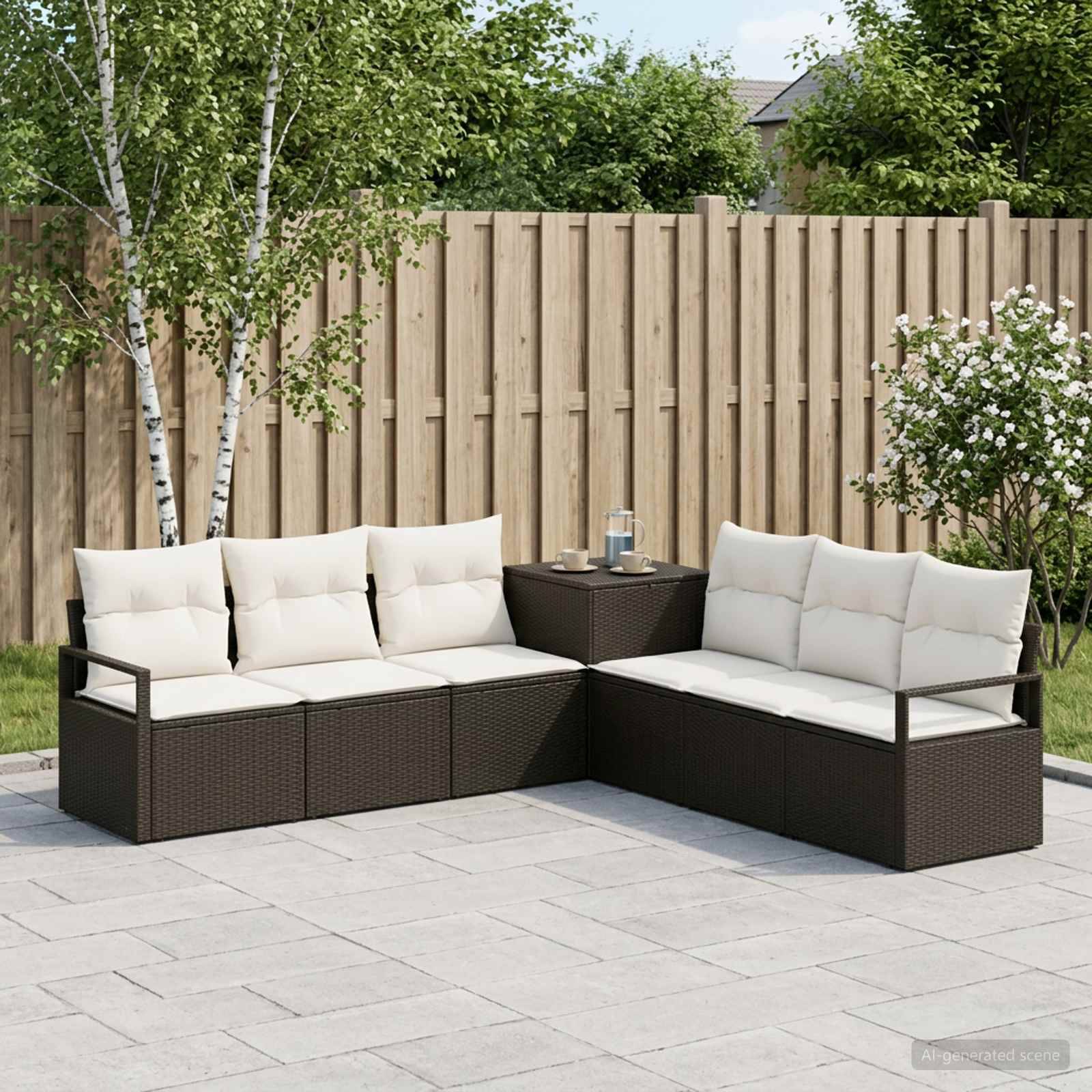 Outdoor-Terrassenlounge-Set mit cremefarbenen Kissen und dunklem Rattan-Gestell, das um einen kleinen Tisch in einem eingezäunten Garten angeordnet ist.