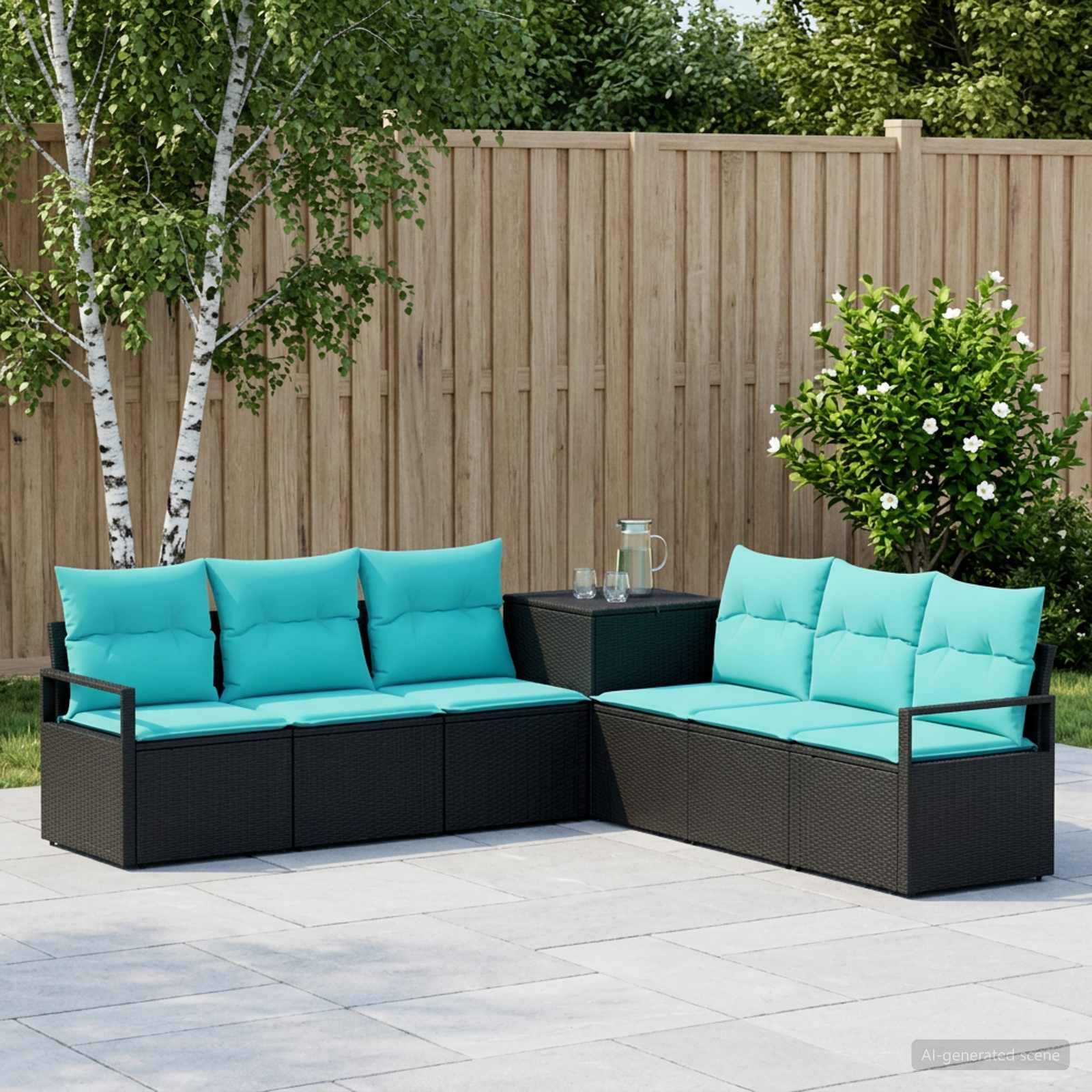 Outdoor-Sitzmöbel-Set mit schwarzen Rattansofas, türkisfarbenen Kissen und einem passenden Beistelltisch auf einer gefliesten Veranda im Hinterhof.