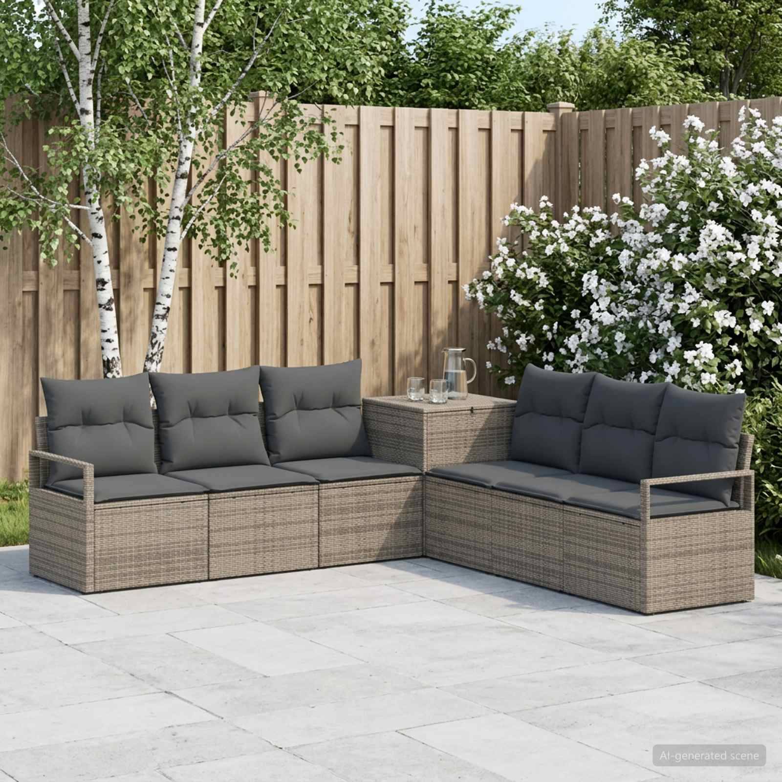 Gartenmöbelset mit grauem gepolstertem Rattansofa in Schnittform, Beistelltisch und Gartenzaun mit blühenden Sträuchern und Birkenbäumen.