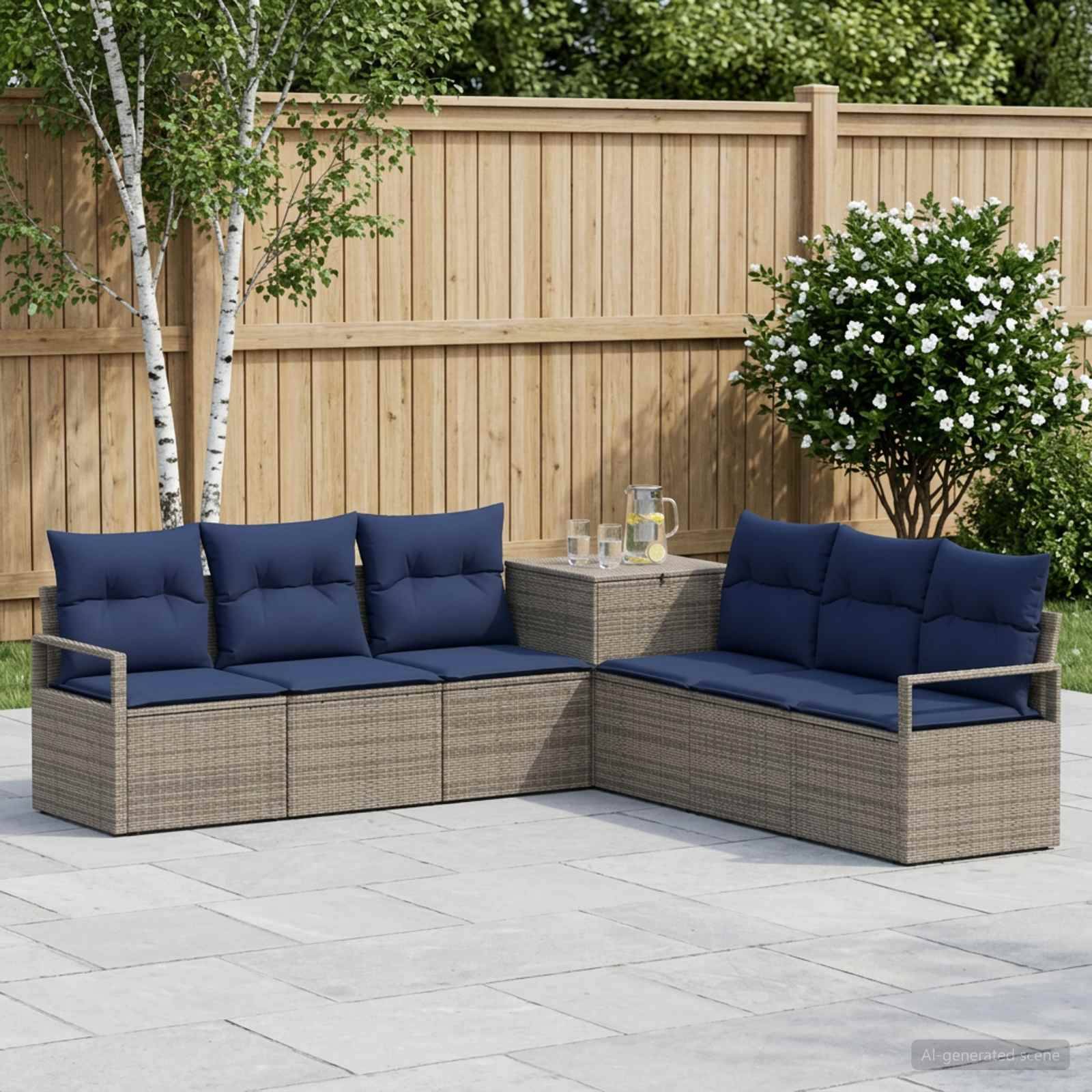 Outdoor-Terrassensitzgarnitur mit zwei Korbsofas, marineblauen Kissen und einem kleinen Glastisch auf einer gepflasterten Hof-Terrasse.