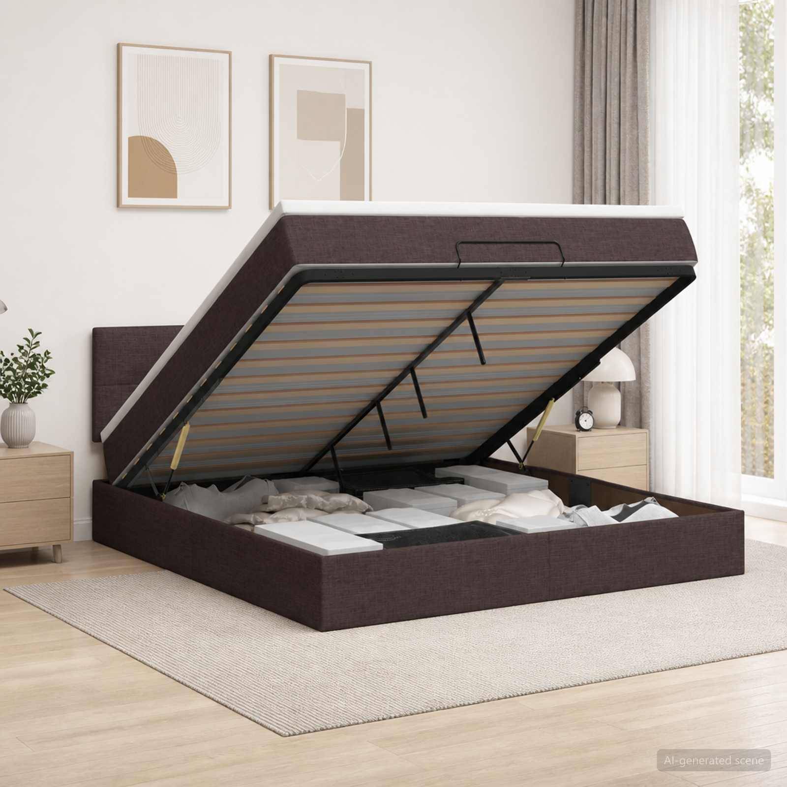 Ein dunkel gepolstertes Speicherbett mit der nach oben offenen Matratzenplattform, die darunter liegende Speicherabteilungen in einem hellen Schlafzimmer zeigt.