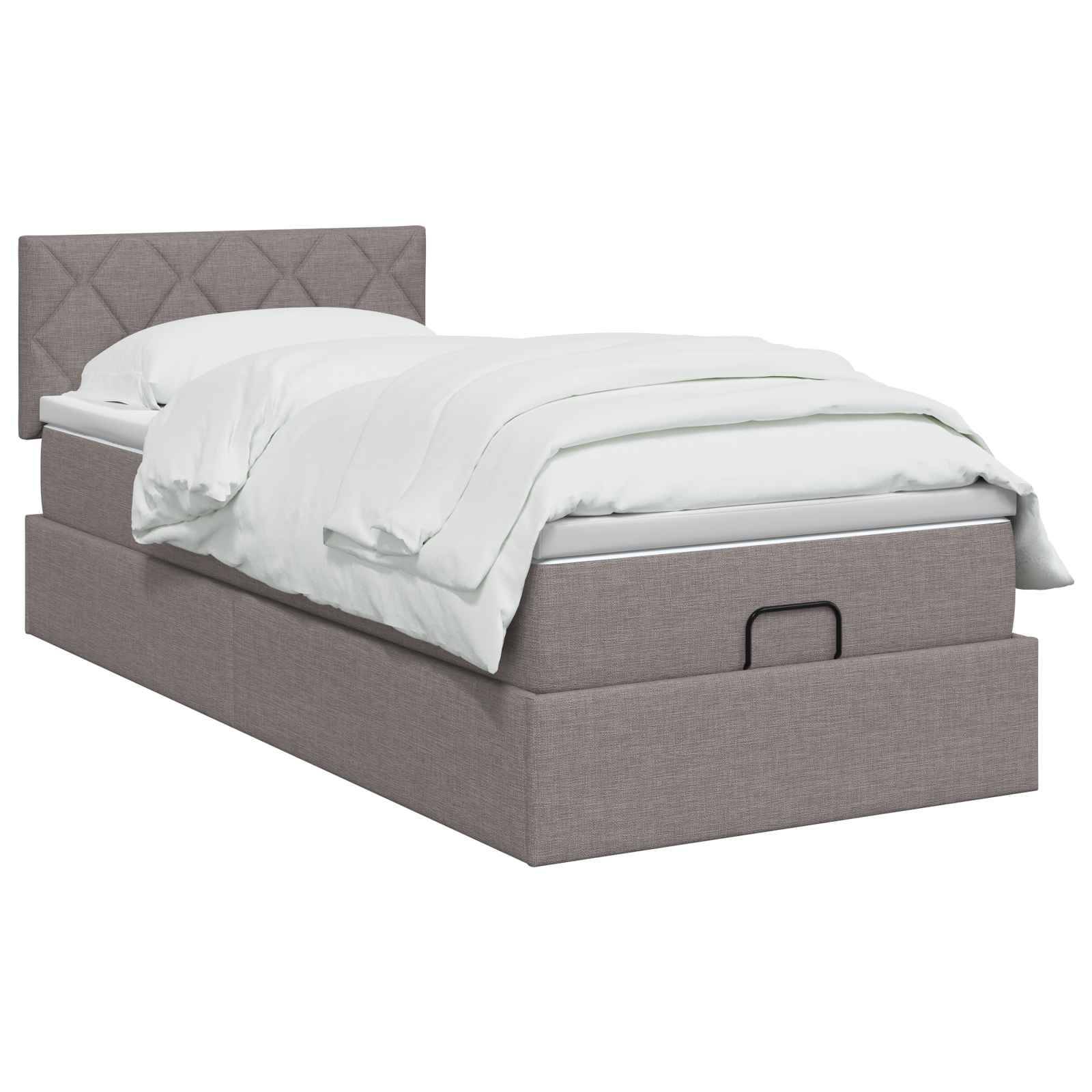 Gepolstertes graugraues Bett mit gestepptem Kopfteil, weiße Bettwäsche und eine Speicherbasis mit Griffgriff.