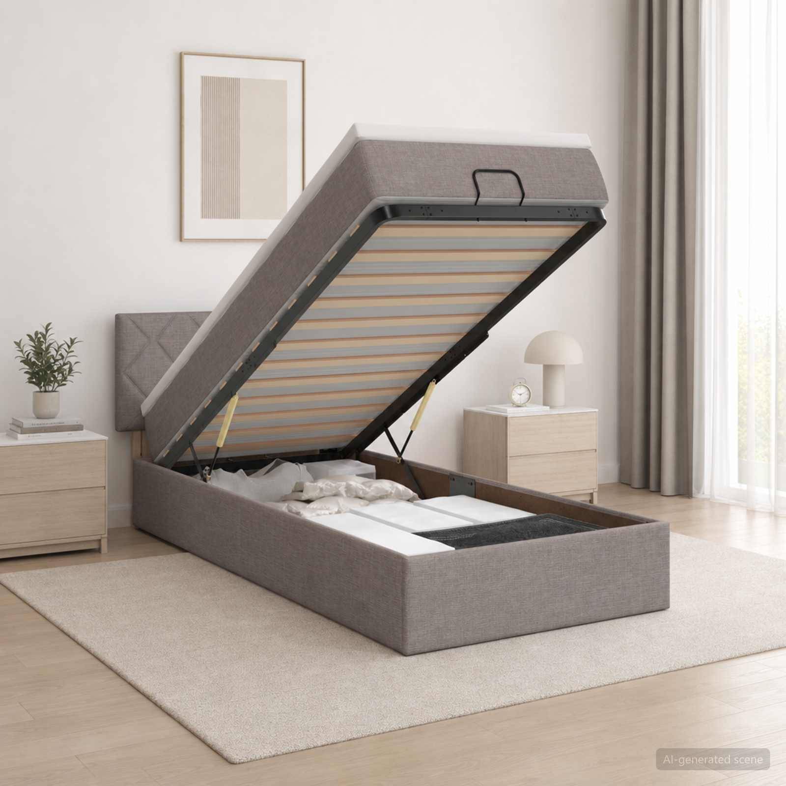 Graues gepolstertes Funktionsbett mit Gasdruckfeder zum Hochklappen, bei dem die Matratzenunterlage offen hochgeklappt ist und den Stauraum unter dem Bett in einem hellen modernen Schlafzimmer zeigt.