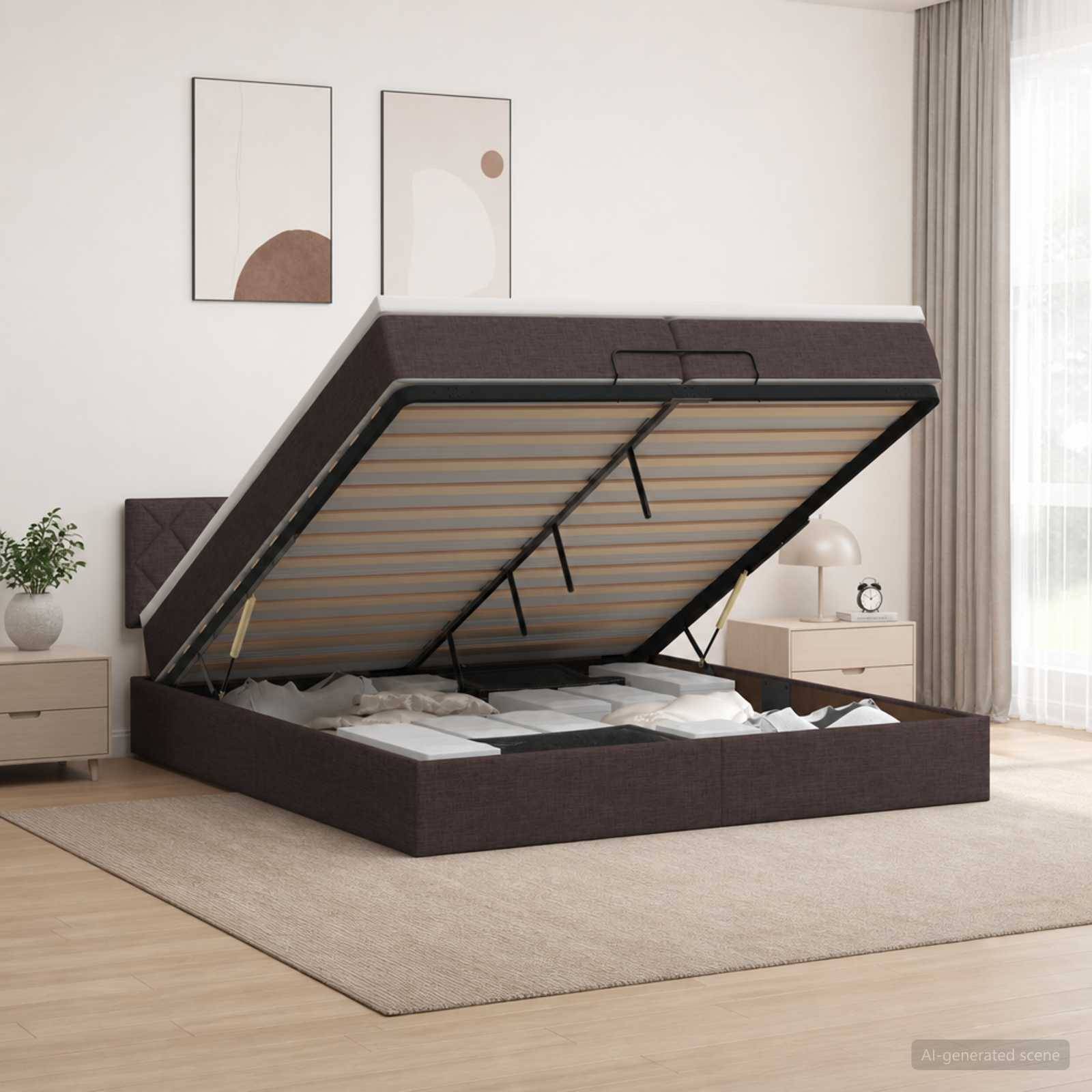 Ein Speicherbett mit einer angehobenen Matratze durch einen klappbaren Rahmen, das einen Stauraum unter dem Bett in einem modernen Schlafzimmer enthüllt.