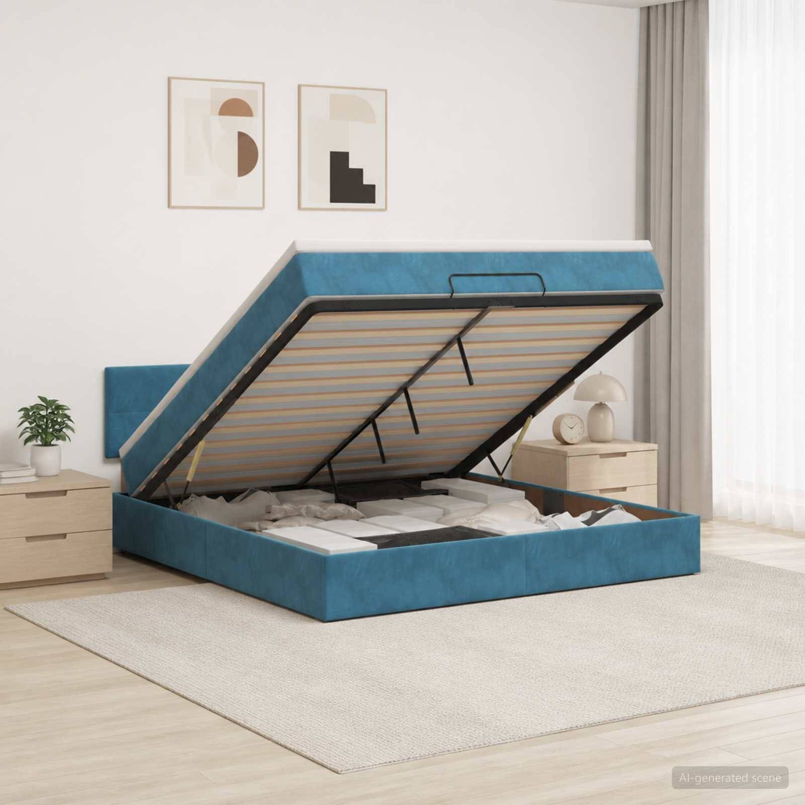 Blaues Polsterbett mit Hubspeicherbasis, offen, um die Matratzenunterstützung und den Stauraum unter dem Bett in einem hellen Schlafzimmer zu zeigen.