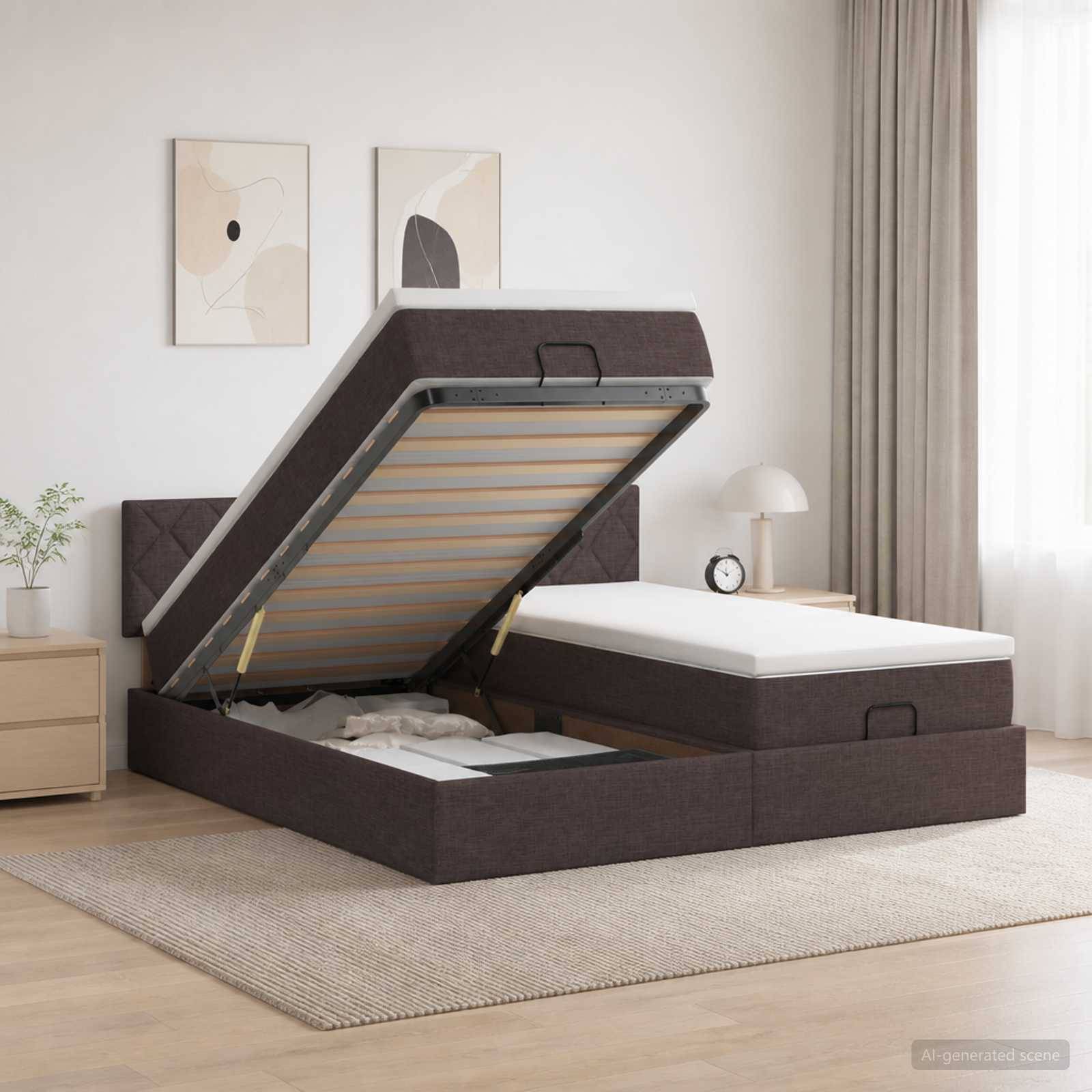Ein braun gepolstertes Bett mit Hubmechanismus ist in einem hellen Schlafzimmer geöffnet und zeigt die angehobene Matratzenunterlage, wodurch der Stauraum unter dem Bett sichtbar wird.