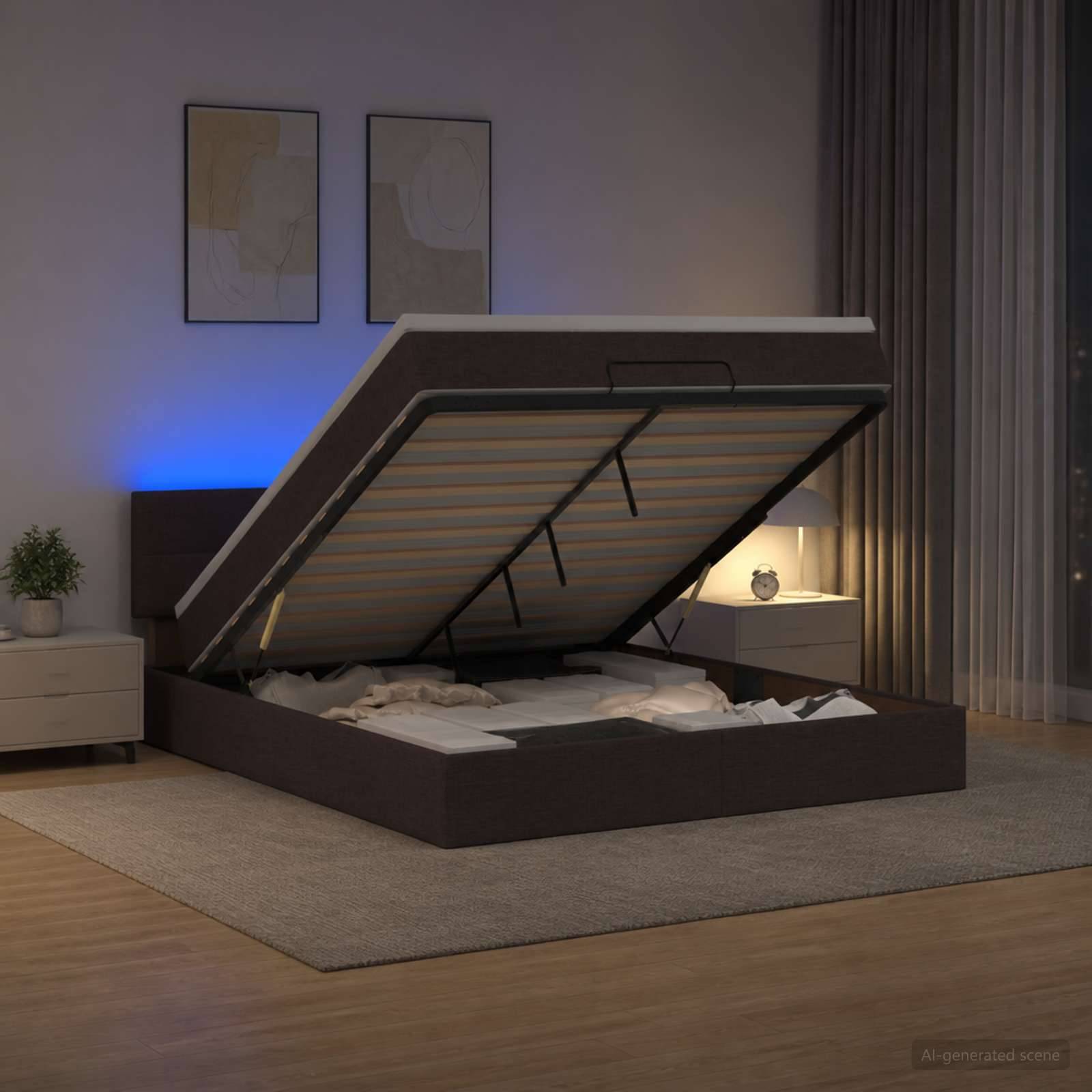 Modernes Schlafzimmer mit einem gepolsterten Stauraumbett, das offen hochgeklappt ist und die Matratzenunterlage und den Stauraum unter dem Bett zeigt, mit weicher blauer und warmer Lampenbeleuchtung.