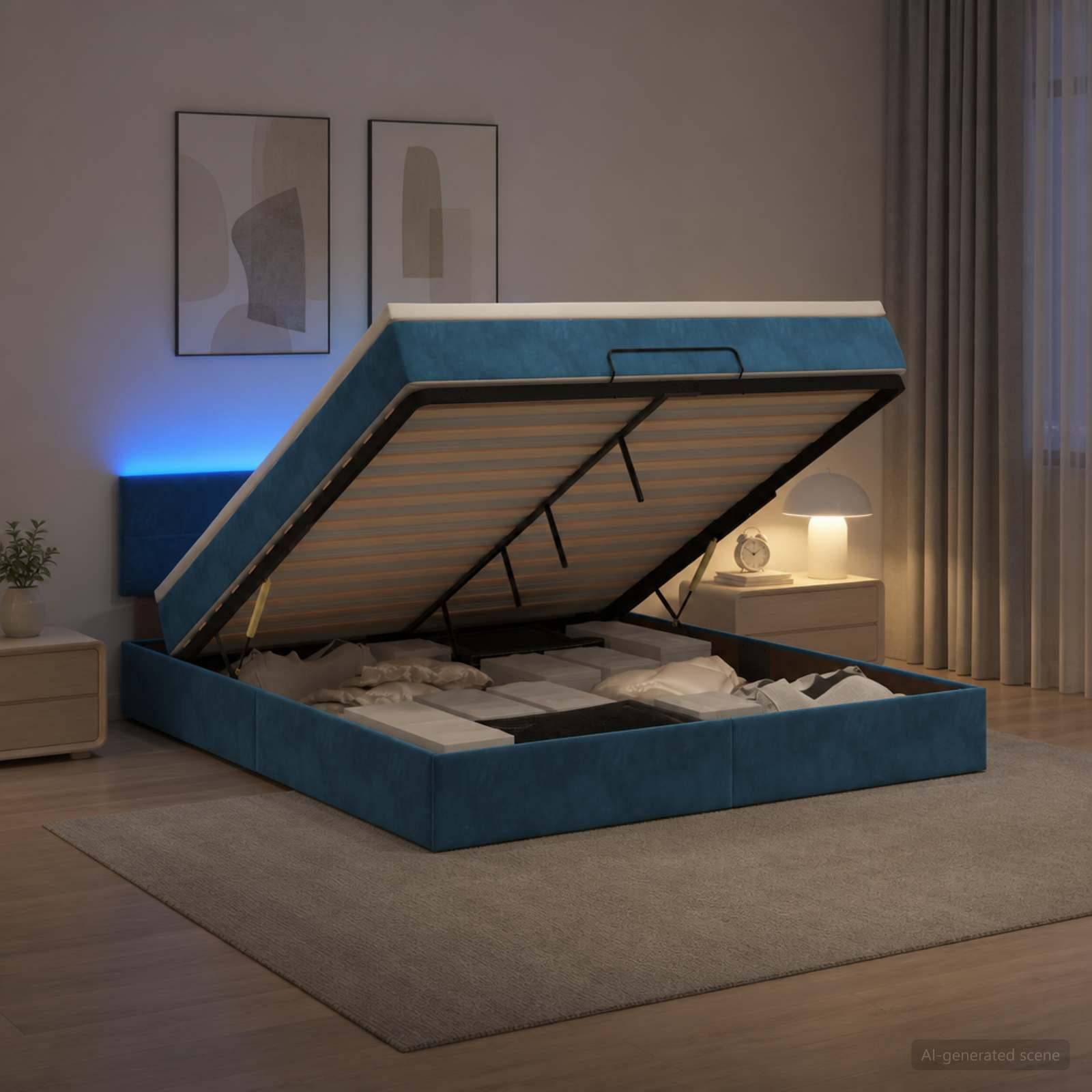 Blaues gepolstertes Bett mit Hubmechanismus geöffnet, das die Matratzenunterlage und das Stauraum-Kompartiment unter dem Bett in einem modernen Schlafzimmer zeigt.