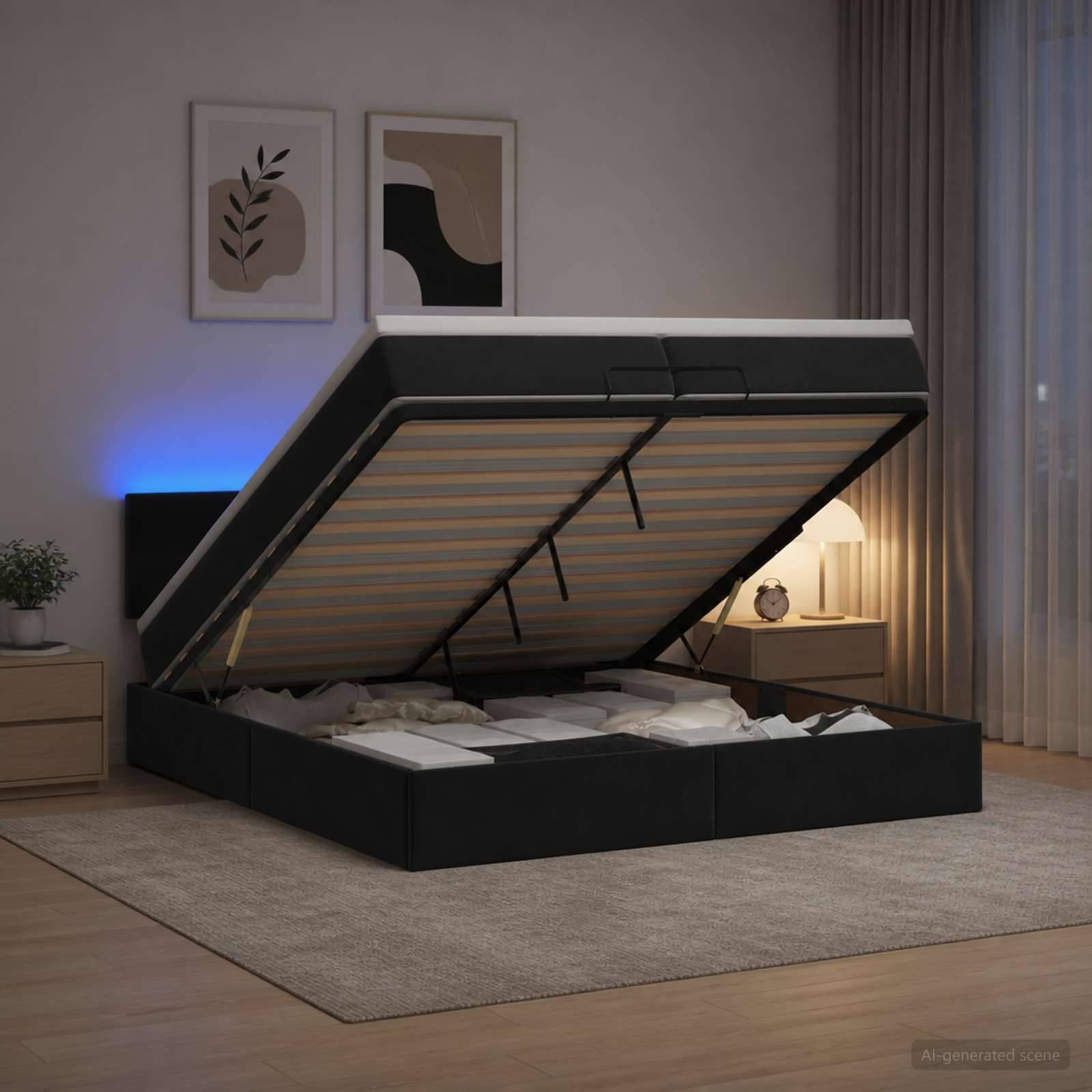 Modernes Bett mit hydraulischem Speicher, das angehoben ist und Fächer unter der Matratze in einem sanft beleuchteten Schlafzimmer offenbart.