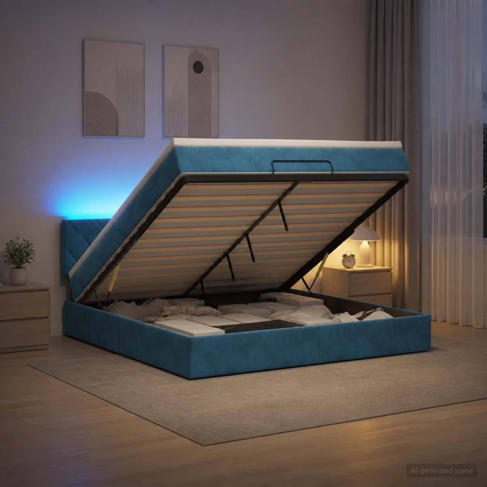 Blau gepolstertes Speicherbett mit angehobener Matratzenplattform offen in einem modernen Schlafzimmer, wobei der Stauraum unter dem Bett sichtbar ist.