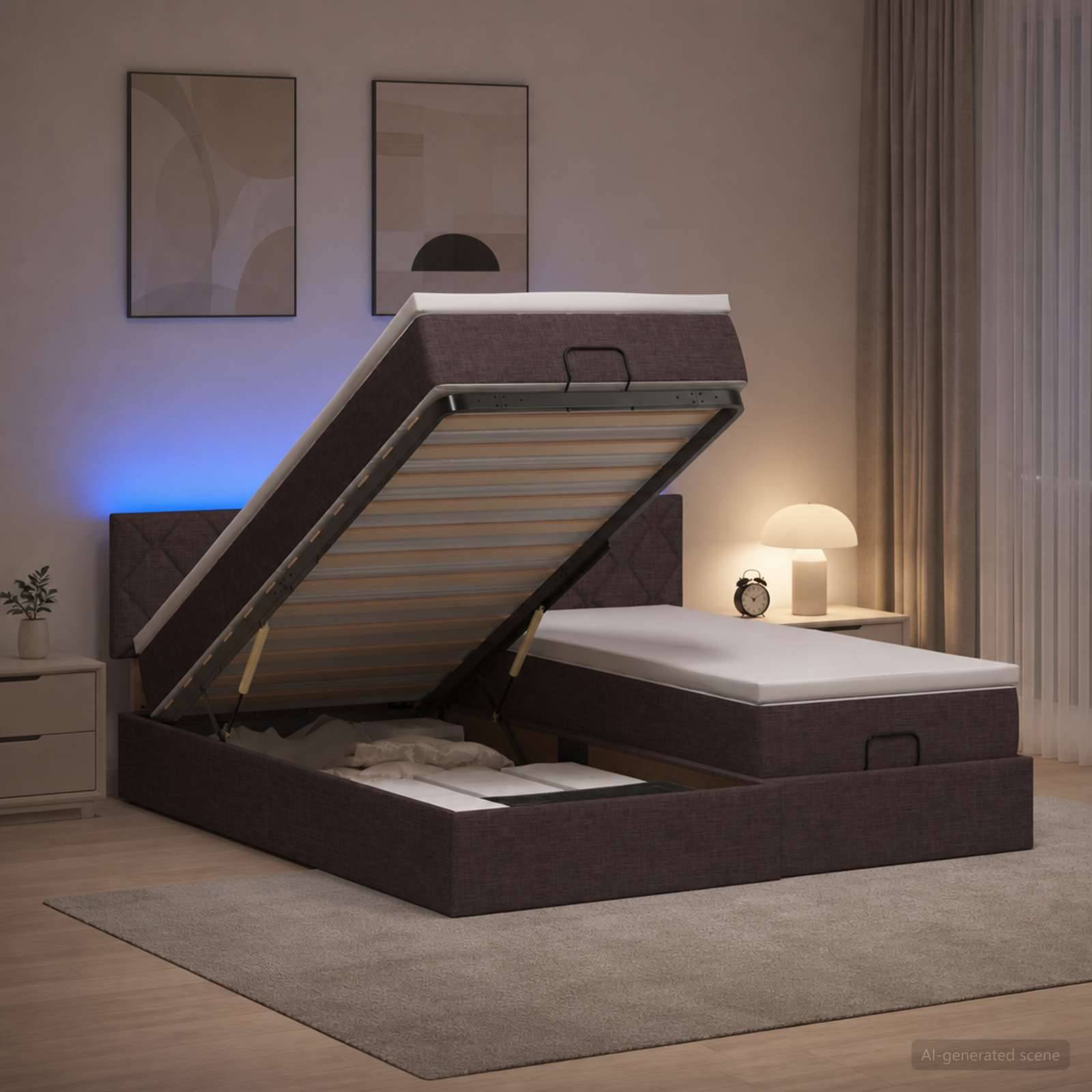 Gepolstertes Bett mit Stauraum und hochgeklappter Matratze, die das Unter-Bett-Stauerfach in einem Schlafzimmer zeigt.