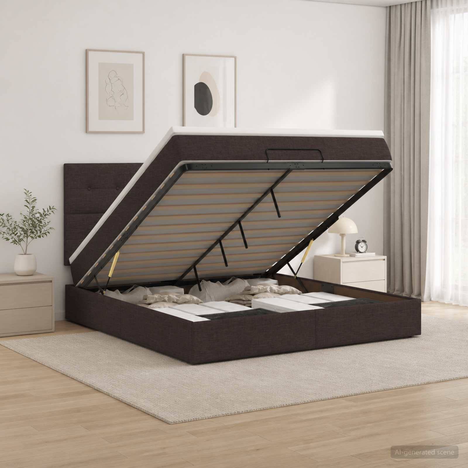 Dunkel gepolstertes Bett mit Gasdruckfedern und Stauraum, in einem hellen Schlafzimmer gezeigt, geöffnet, um die Matratzenplattform und den Stauraum unter dem Bett zu zeigen.