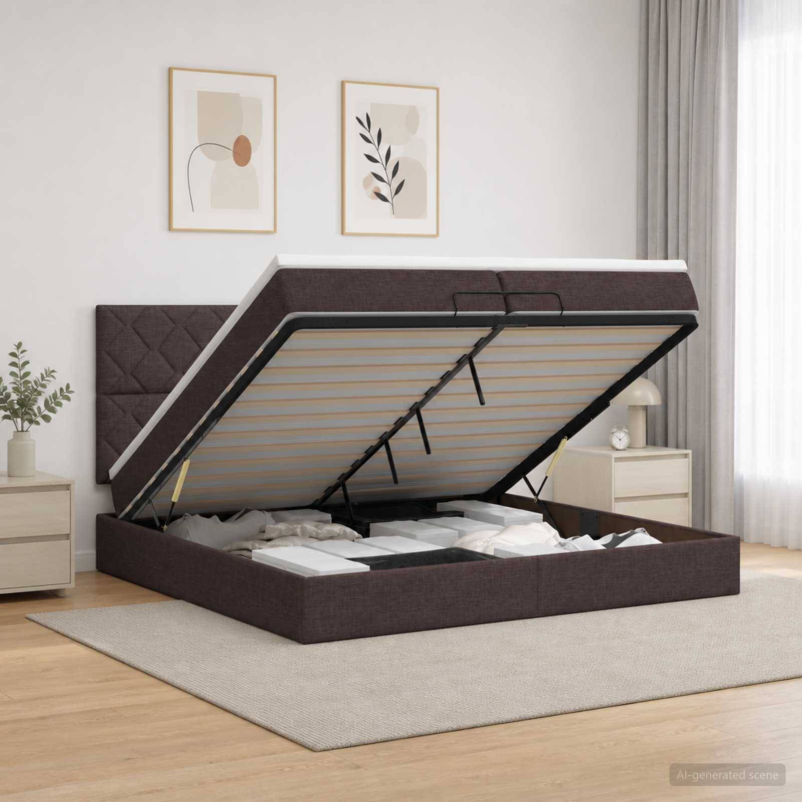 Schlafzimmer mit einem gepolsterten Bett mit Hubmechanismus, das offen ist und den Stauraum unter dem Bett unter der Matratze zeigt.
