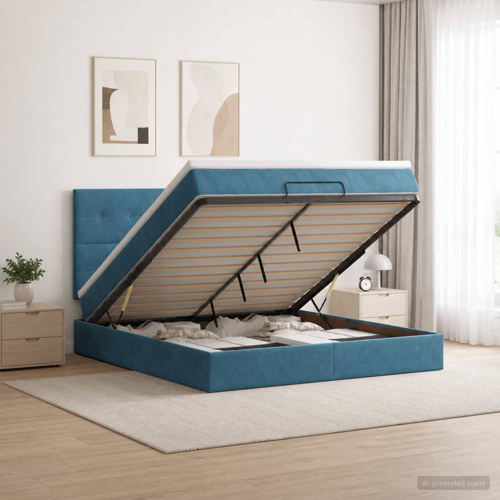 Blau gepolstertes Speicherbett mit angehobenem Lattenrost, das eine Lamellenbasis zeigt, in einem hellen, minimalistischen Schlafzimmer.
