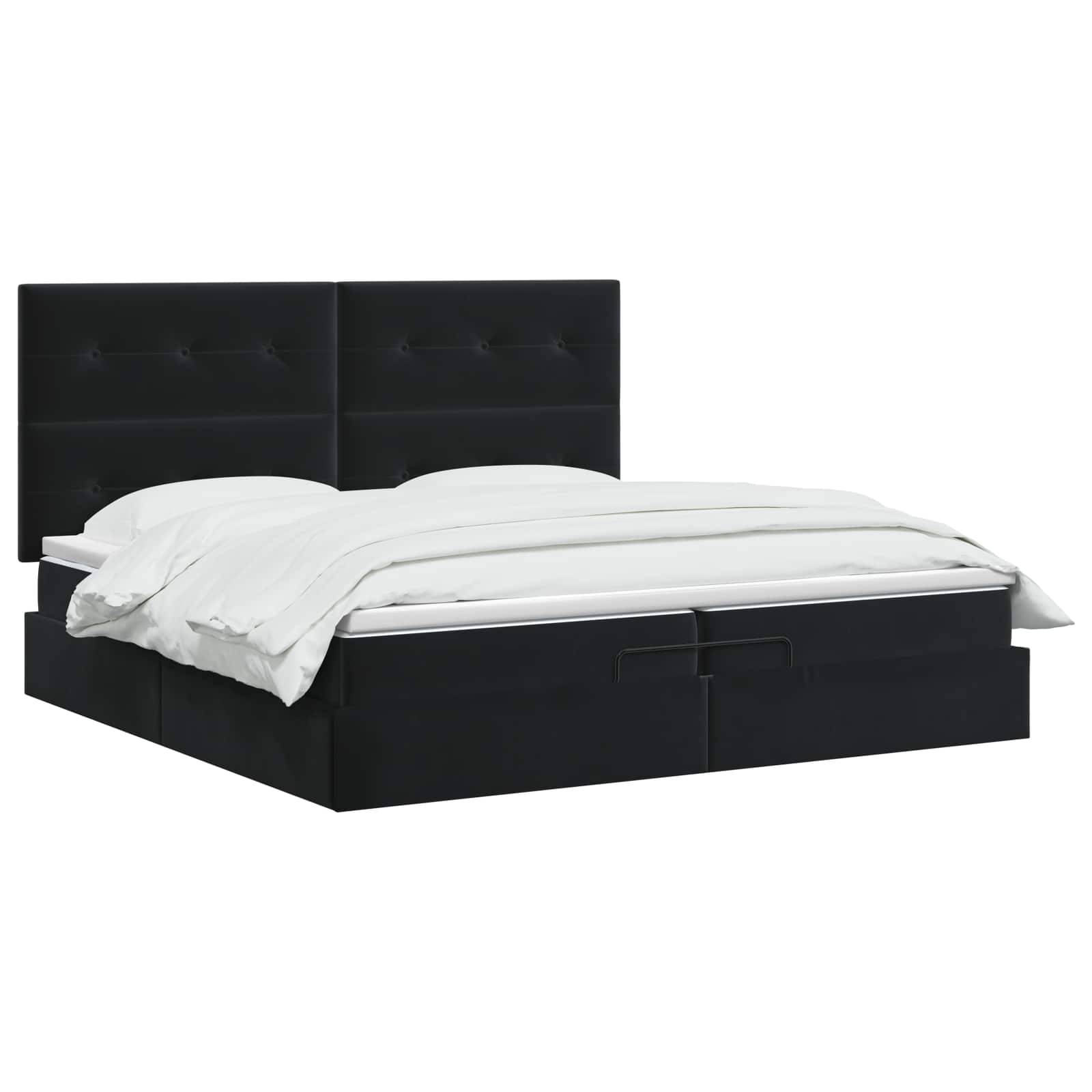 Schwarzes Polsterbett in Queensize mit hohem gepolstertem Kopfteil und weißer Bettwäsche auf einfachem weißen Hintergrund.