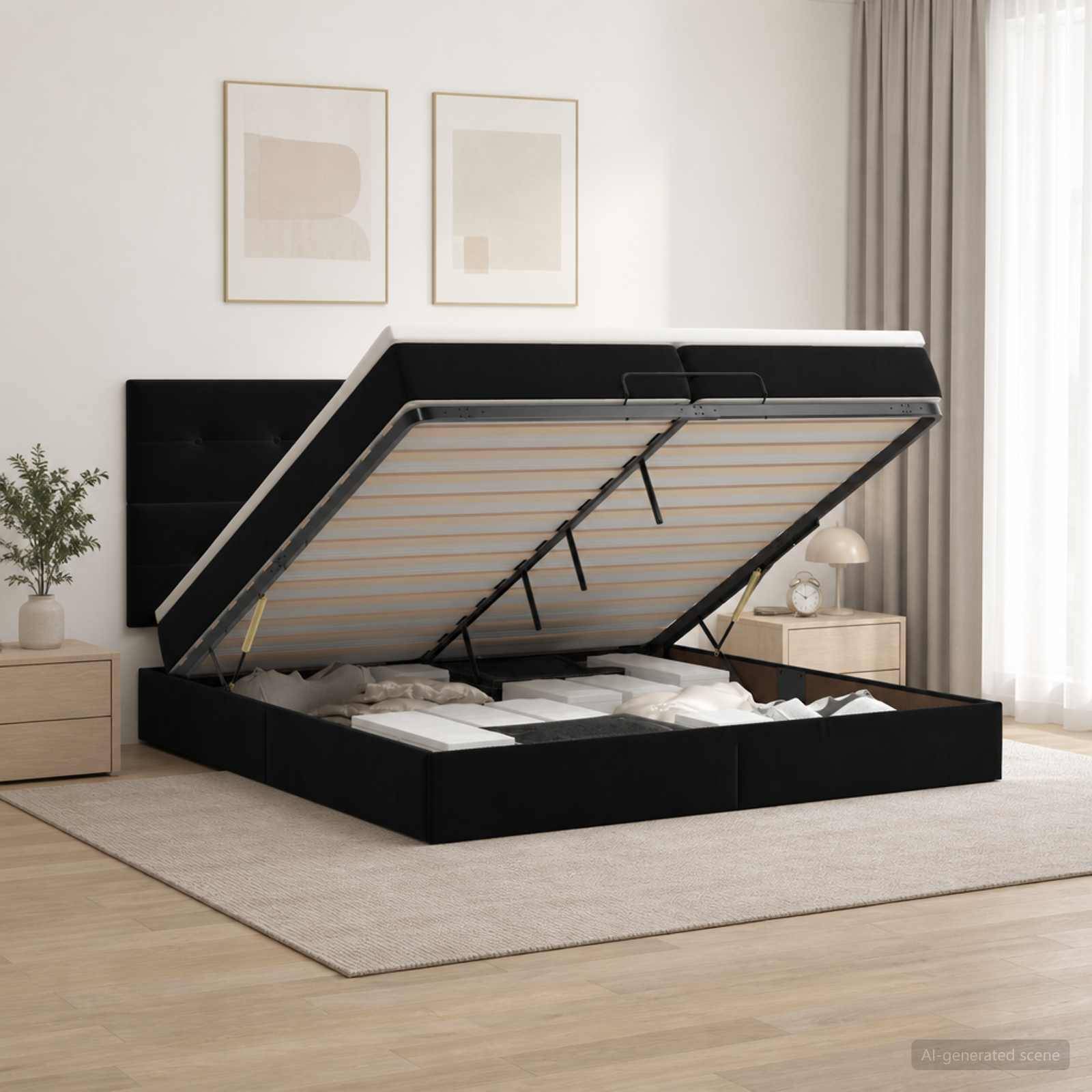 Schwarzes gepolstertes Bett mit Stauraum und hochgeklappter Matratzenunterlage, die den Stauraum unter dem Bett in einem hellen minimalistischen Schlafzimmer enthüllt.