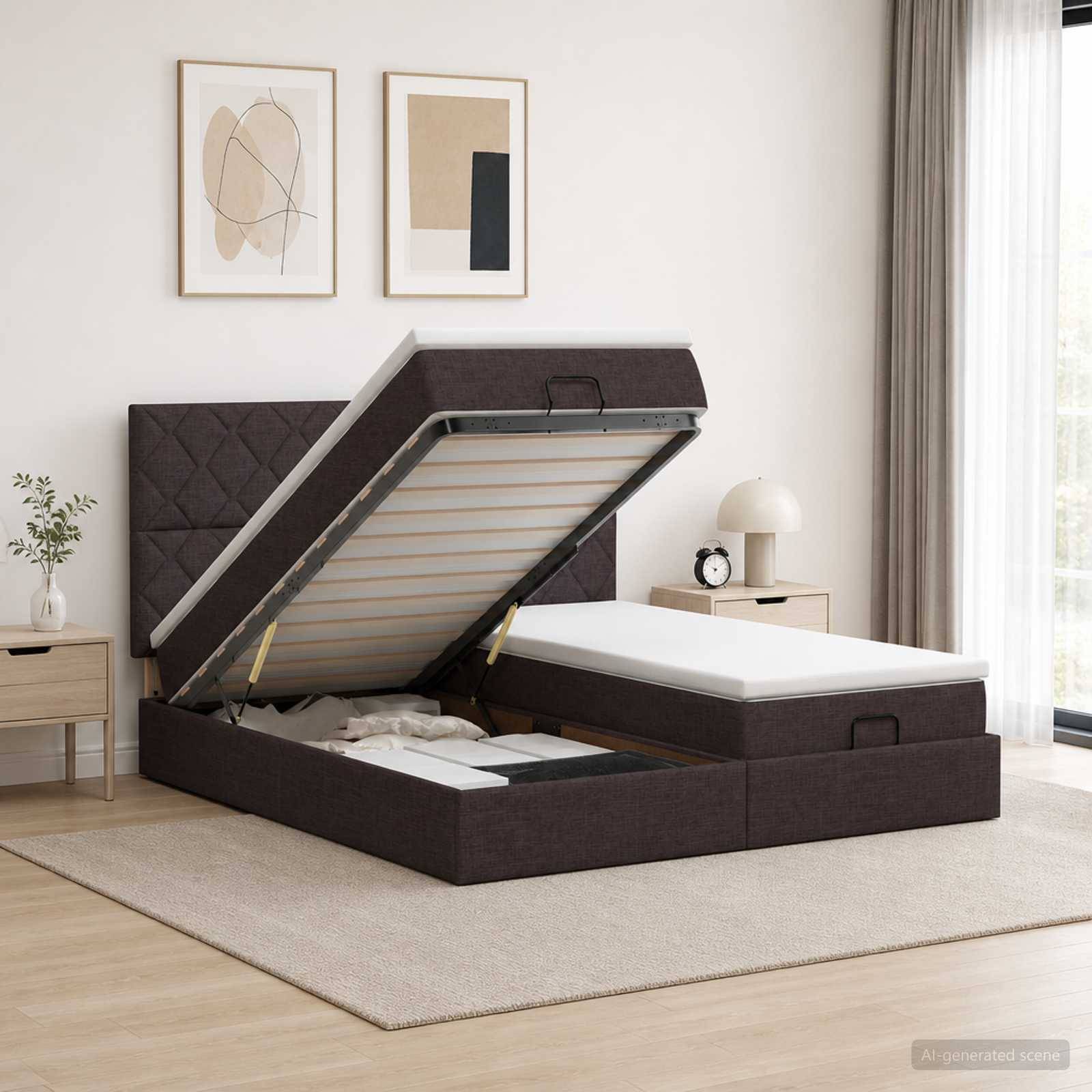 Gepolstertes Bett mit Stauraumboden und angehobener Matratzenplattform, die den Stauraum unter dem Bett in einem hellen Schlafzimmer zeigt.