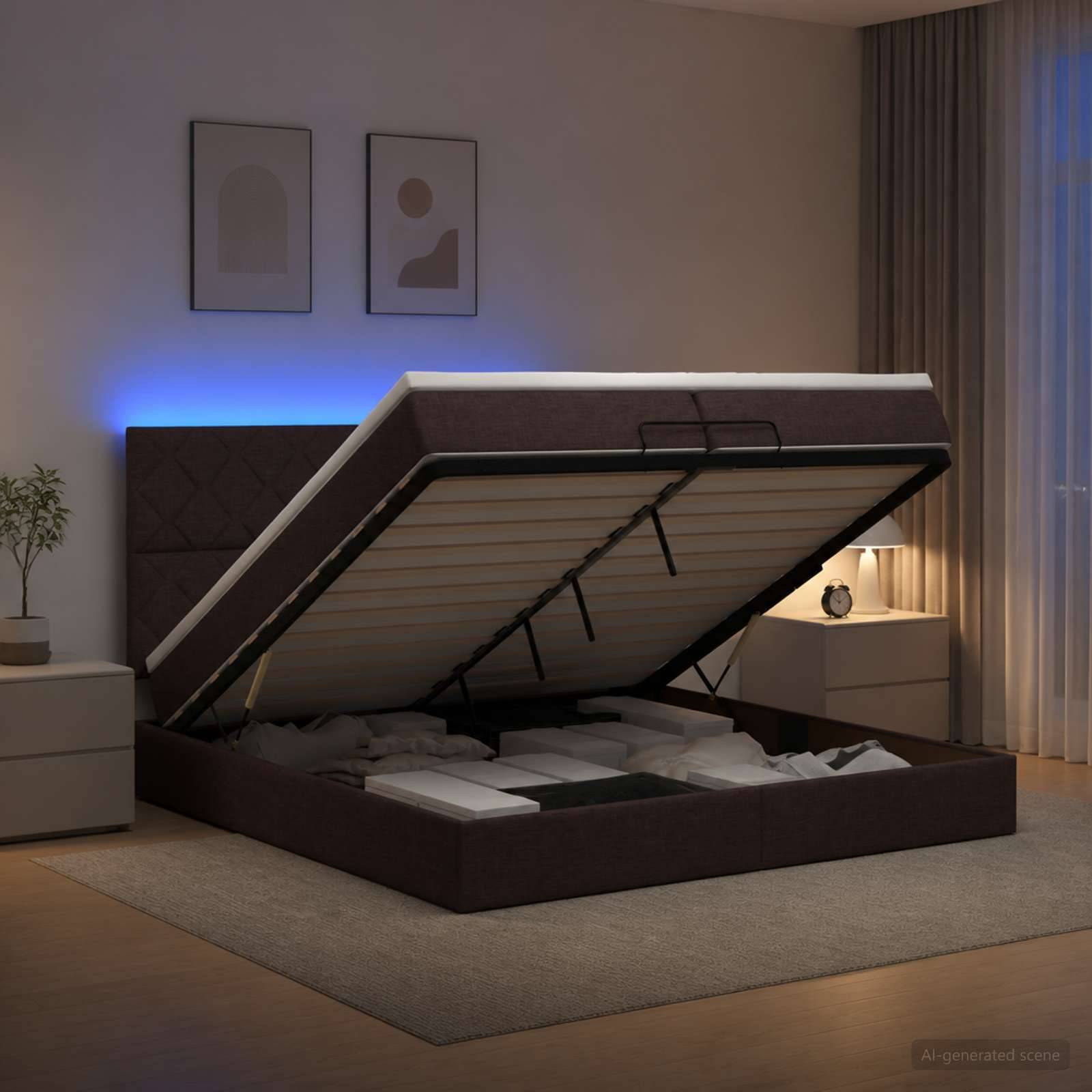 Modernes Bett mit angehobenem Lattenrost, das den Stauraum unter dem Bett zeigt, in einer Schlafzimmereinrichtung mit Nachttisch, Lampe und Wandkunst.
