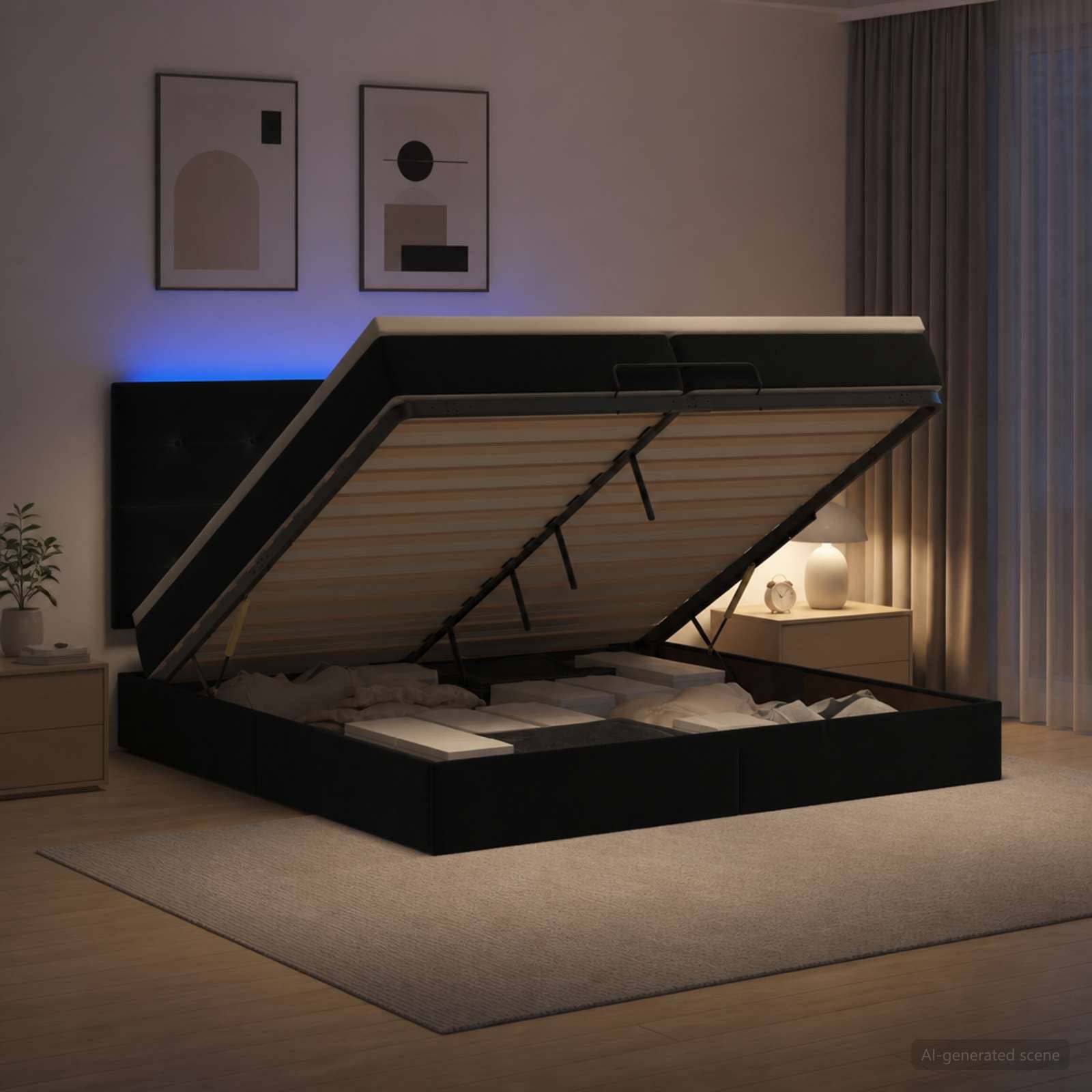 Modernes Schlafzimmer mit einem gepolsterten Stauraumbett auf Scharnieren, das unterteilt organisierte Stauraumbereiche unter dem Bett offenbart und eine sauber gemachte Matratze im Inneren zeigt.