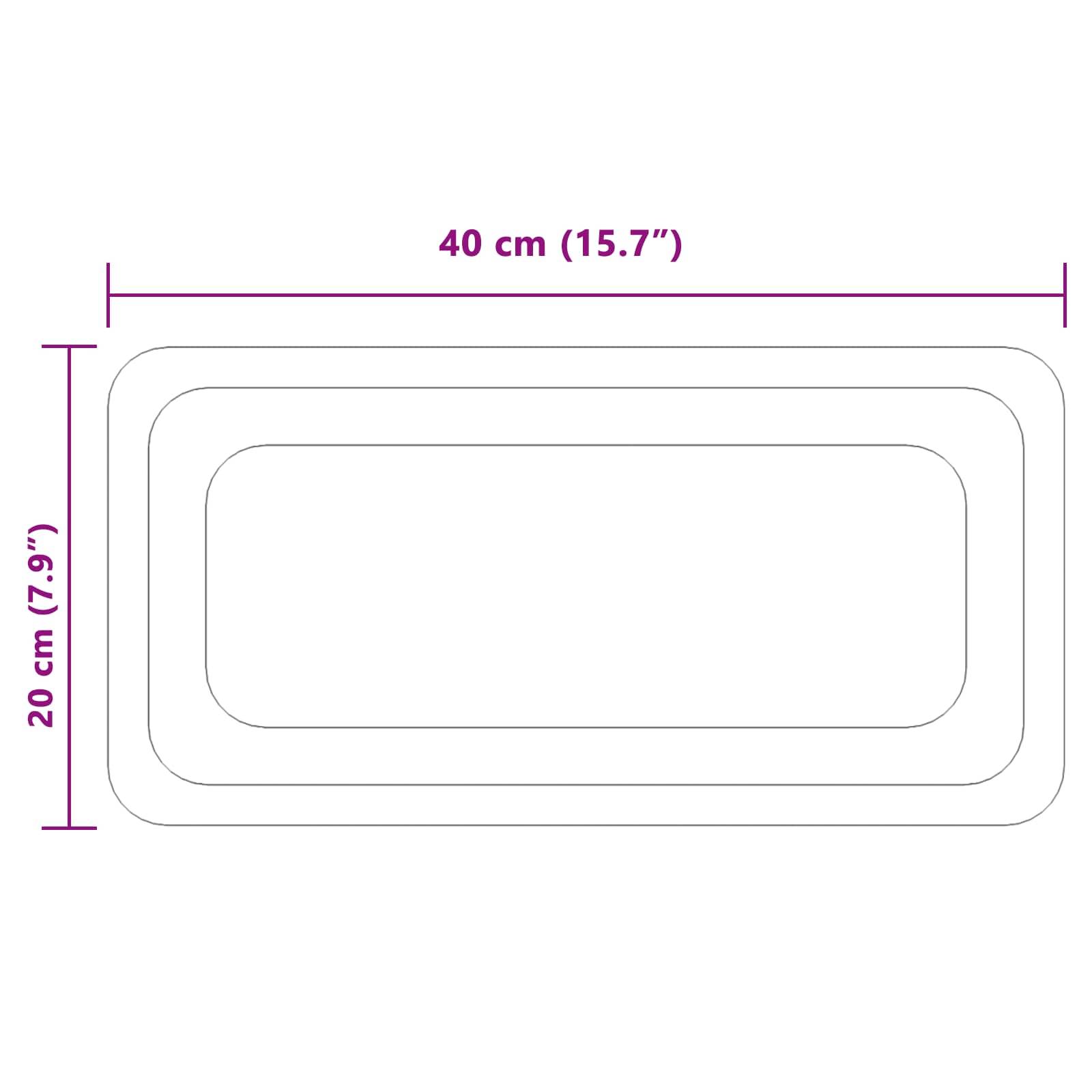 Diagramm einer abgerundeten Rechteck-Matte oder eines Polsters mit den Maßen 40 cm breit und 20 cm hoch, mit konzentrischen abgerundeten Rändern.