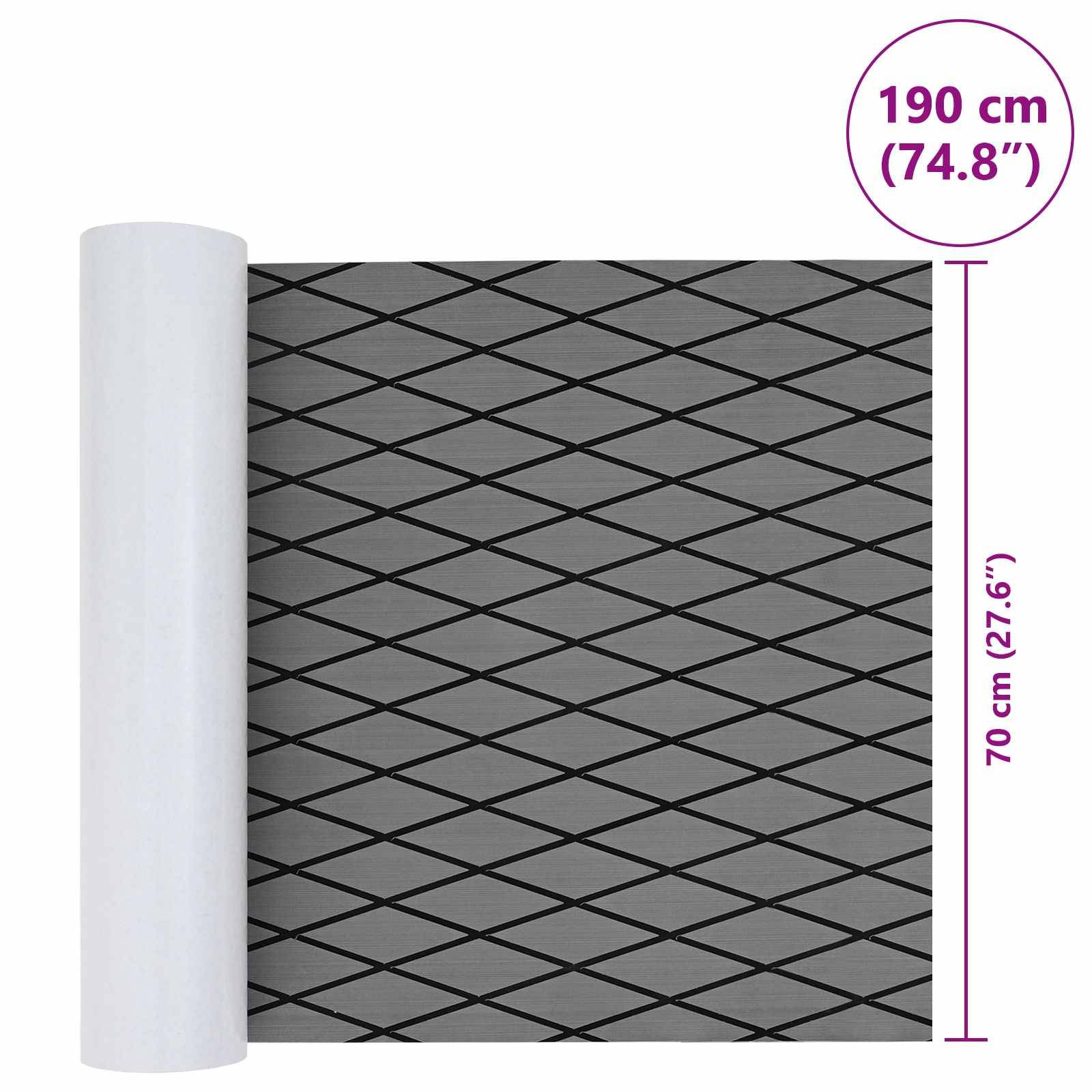 Graue Rollmatte mit Rautenmuster, gezeigt mit den Abmessungen 190 cm (74,8 Zoll) Breite und 70 cm (27,6 Zoll) Höhe.