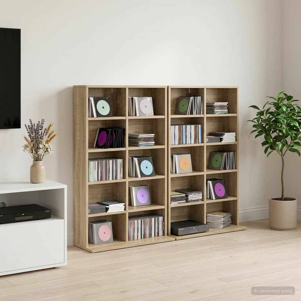 Hölzernes Cubby-Bücherregal gefüllt mit Schallplatten und CDs in einem minimalistischen Wohnzimmer, mit weißem Medienschrank, Blumenvase und Topfpflanze.