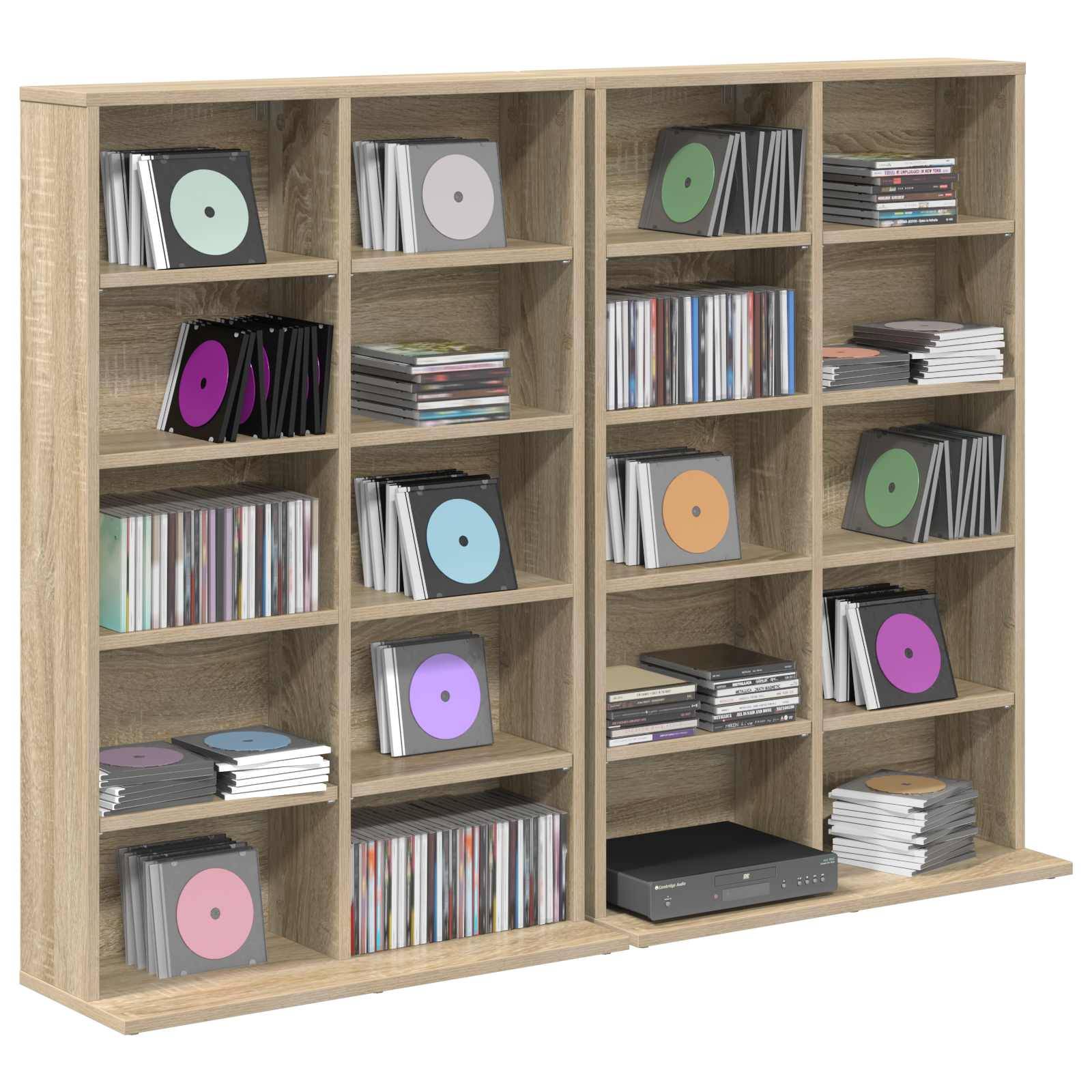 Hölzernes Cubby-Regal organisiert mit Schallplatten, CDs und einem Mediaplayer auf dem unteren Regal.