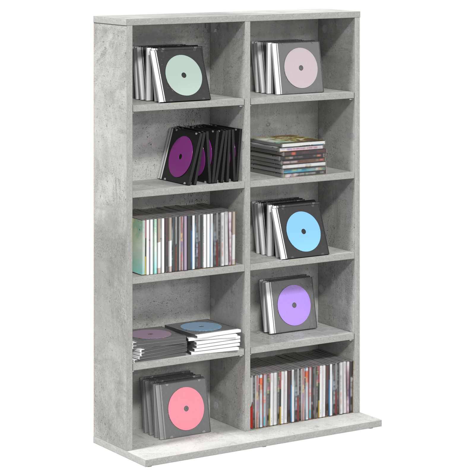 Graues Lagerfach gefüllt mit Schallplatten und CDs, die in mehreren Fächern angezeigt werden.