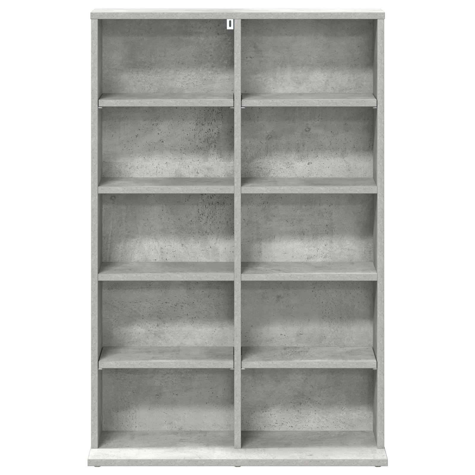 Ein grauer Bücherschrank mit zwei Spalten zu je vier Regalen, Vorderansicht auf weißem Hintergrund gezeigt.