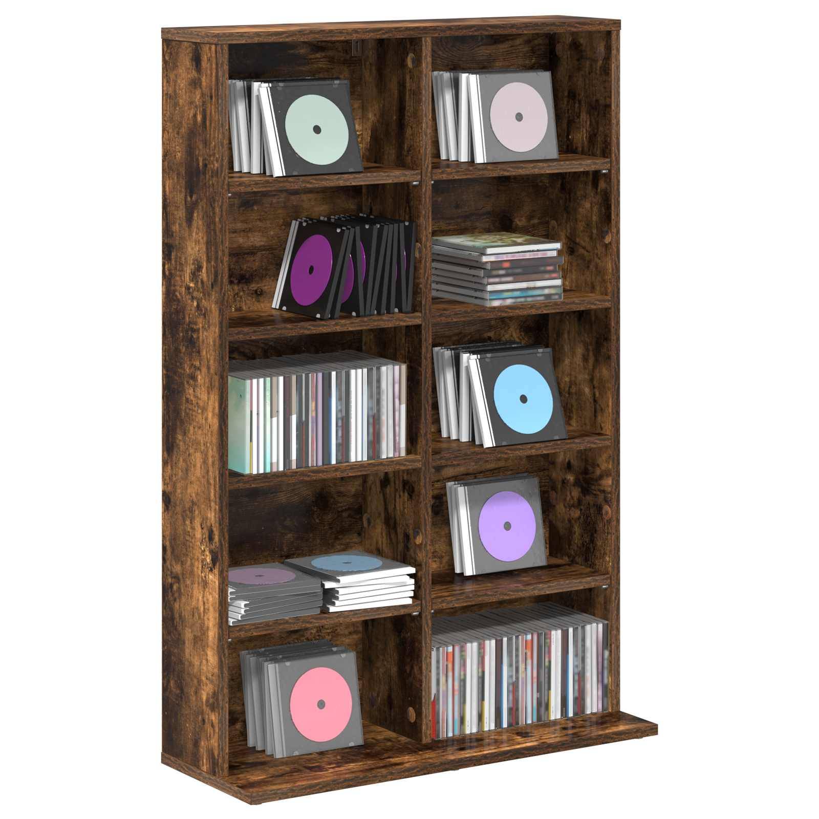 Holzregal mit Fächern gefüllt mit Schallplatten und CD-Hüllen, wobei jedes Fach Stapel von Alben mit farbigen Plattenetiketten enthält, die sichtbar sind.