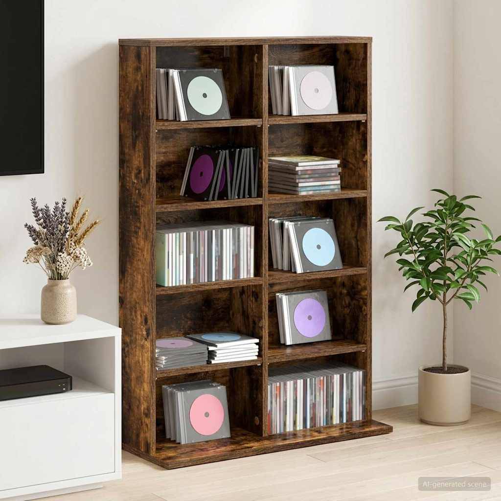 Holzregal mit acht Fächern, in denen jeweils Schallplatten und Alben aufbewahrt werden, in einem hellen Wohnzimmer neben einer Topfpflanze und einem kleinen Tisch.