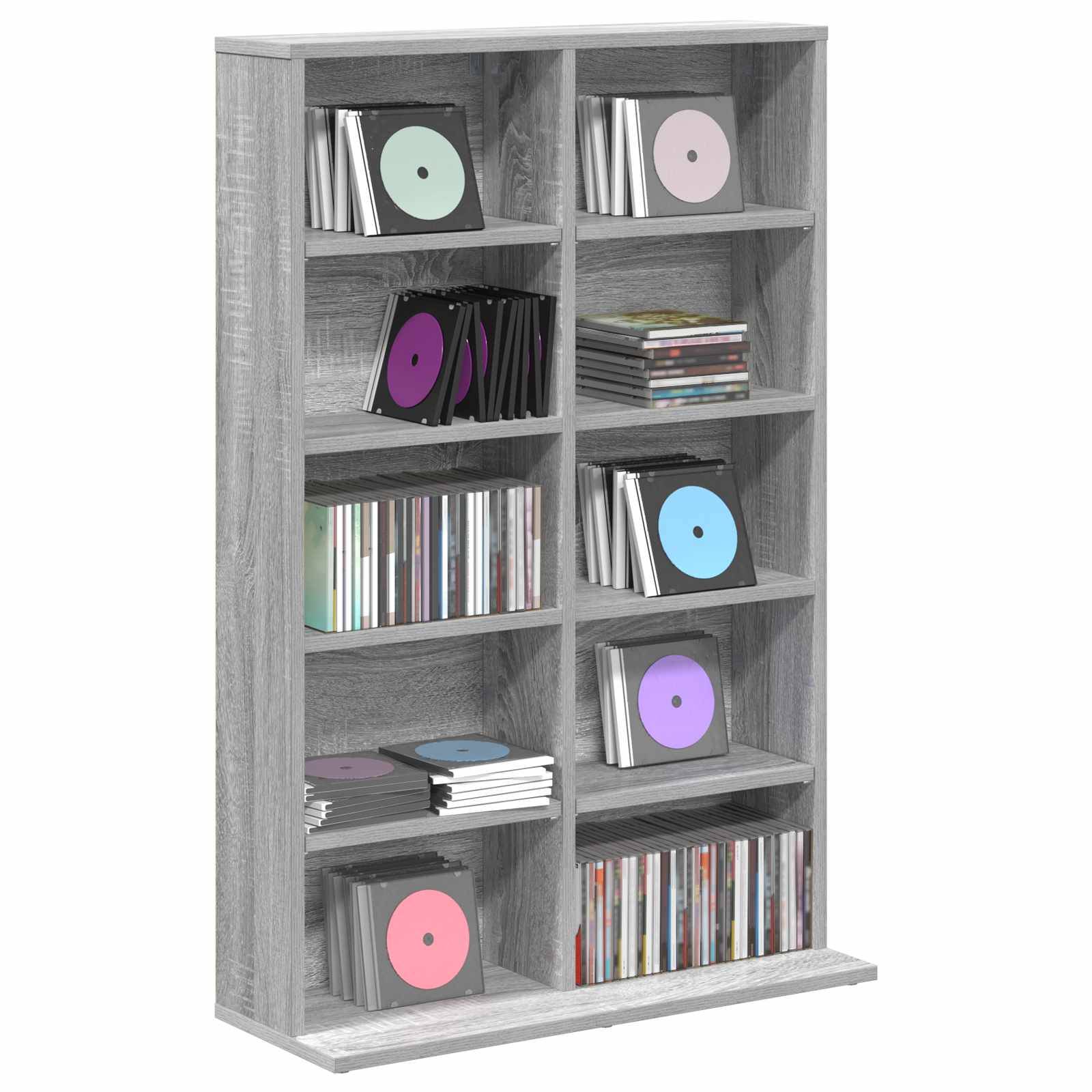 Grau 8er-Würfel-Regal gefüllt mit CDs und Schallplatten, einige mit farbigen Albumcovern in jedem Fach ausgestellt.