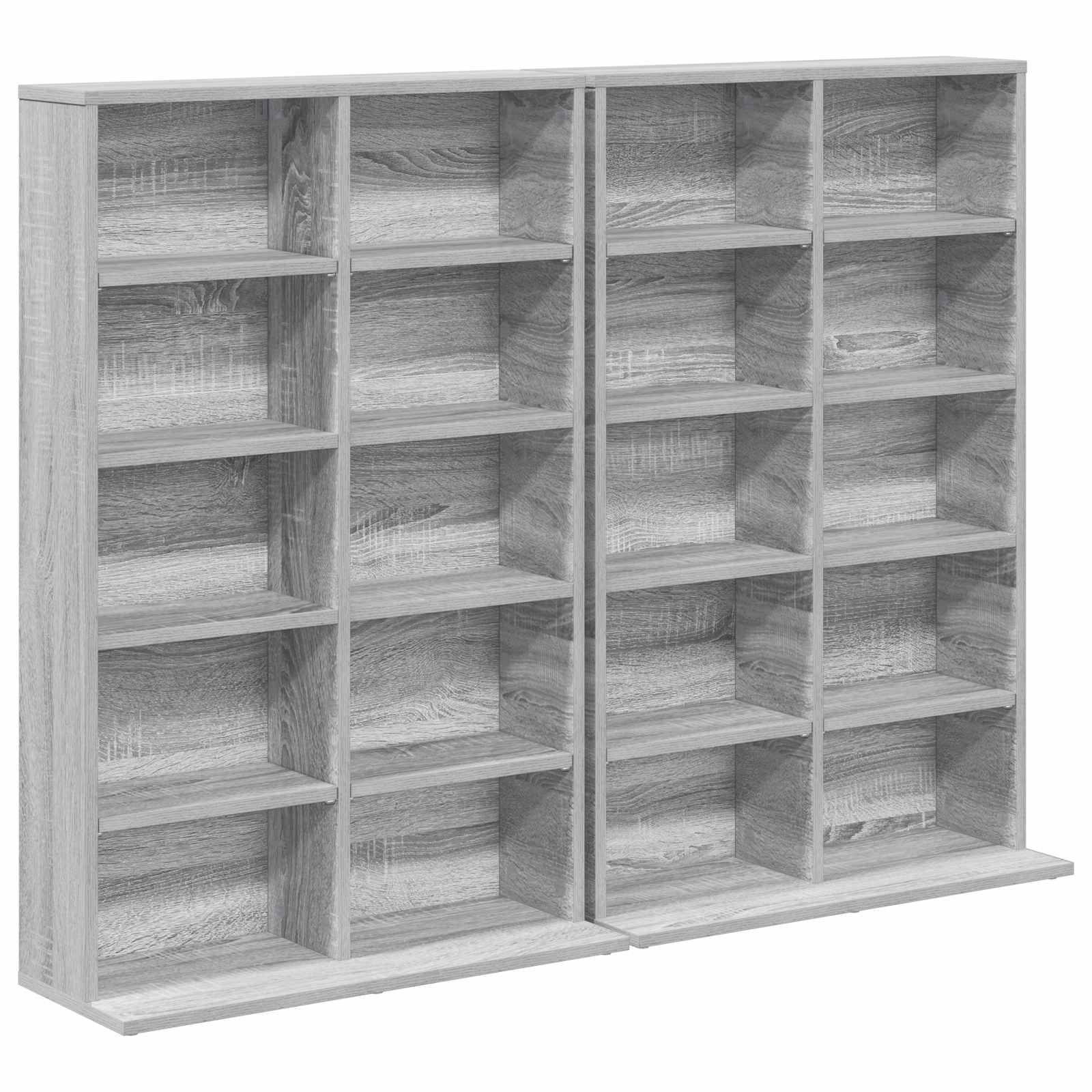 Hölzernes Kubikel-Bücherregal mit vielen leeren quadratischen Fächern, Vorderansicht vor neutralem Hintergrund.