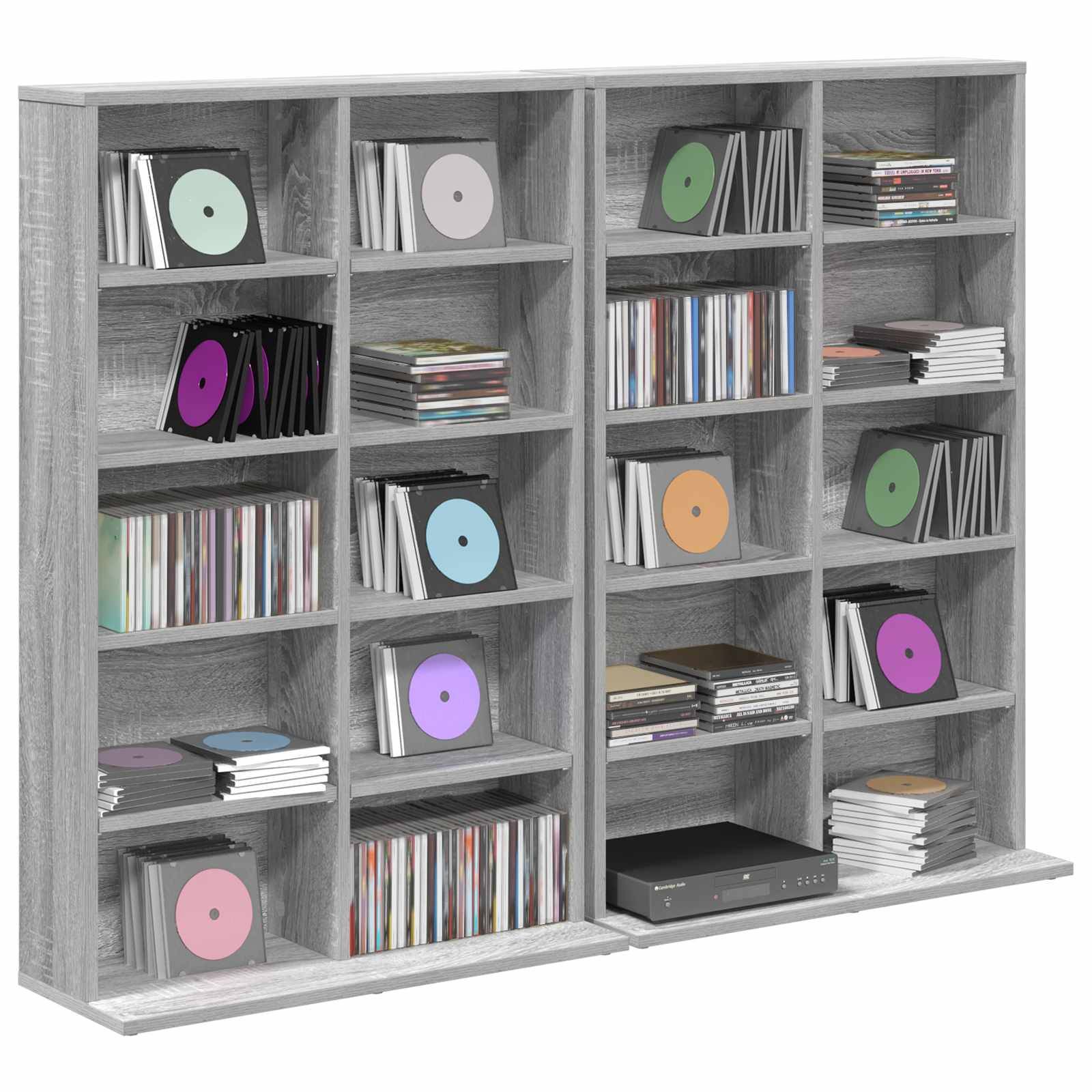 Graues Regal gefüllt mit CDs und Disc-Hüllen, mit einem Stereo-Player auf dem unteren Regal.