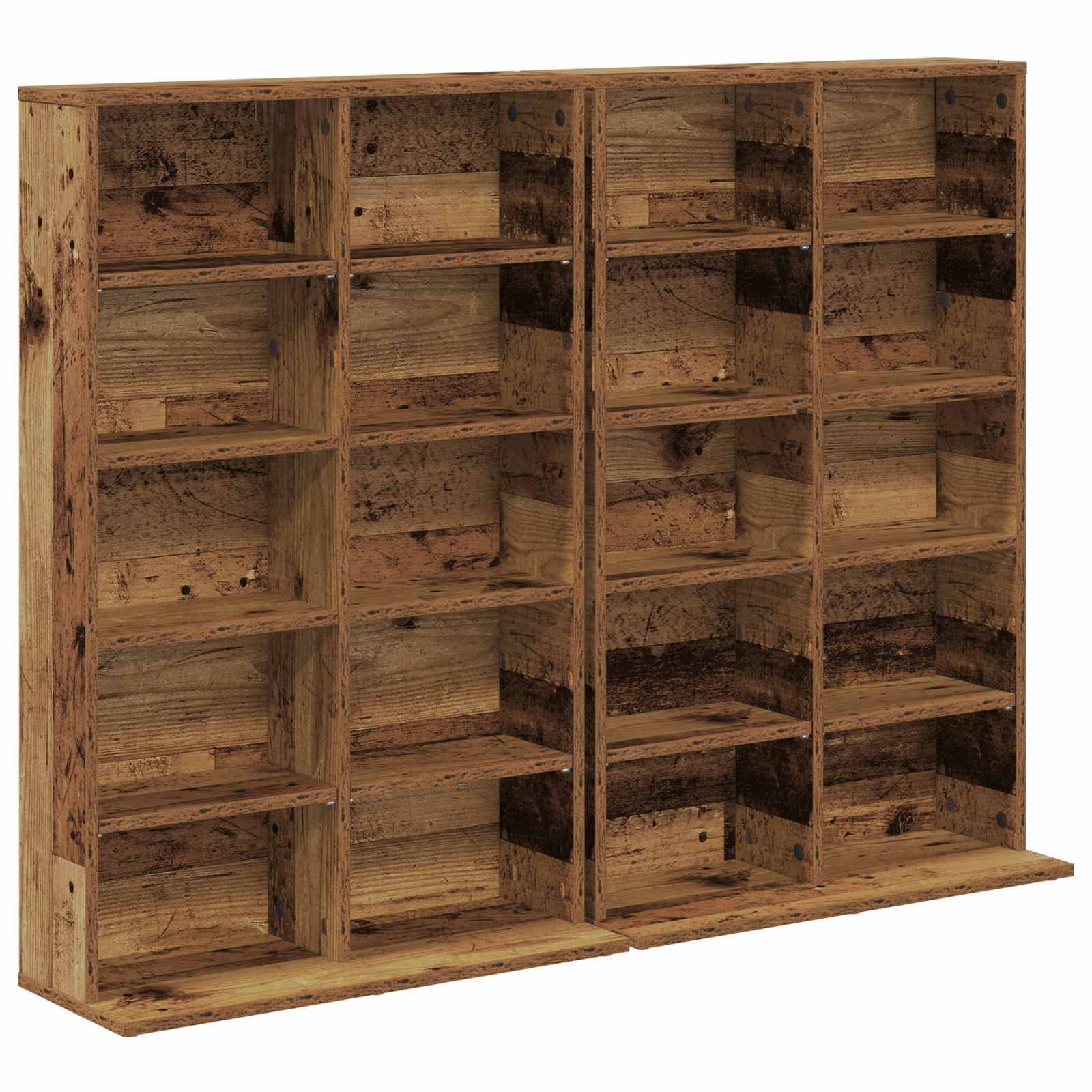 Holzregal mit mehreren Fächern und 20 quadratischen Fächern sowie einer geneigten Basis, abgebildet auf weißem Hintergrund.