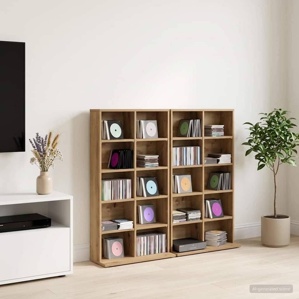 Holzregal gefüllt mit Schallplatten und CDs in einem minimalistischen Wohnzimmer, neben einem Fernsehständer und einer Topfpflanze.