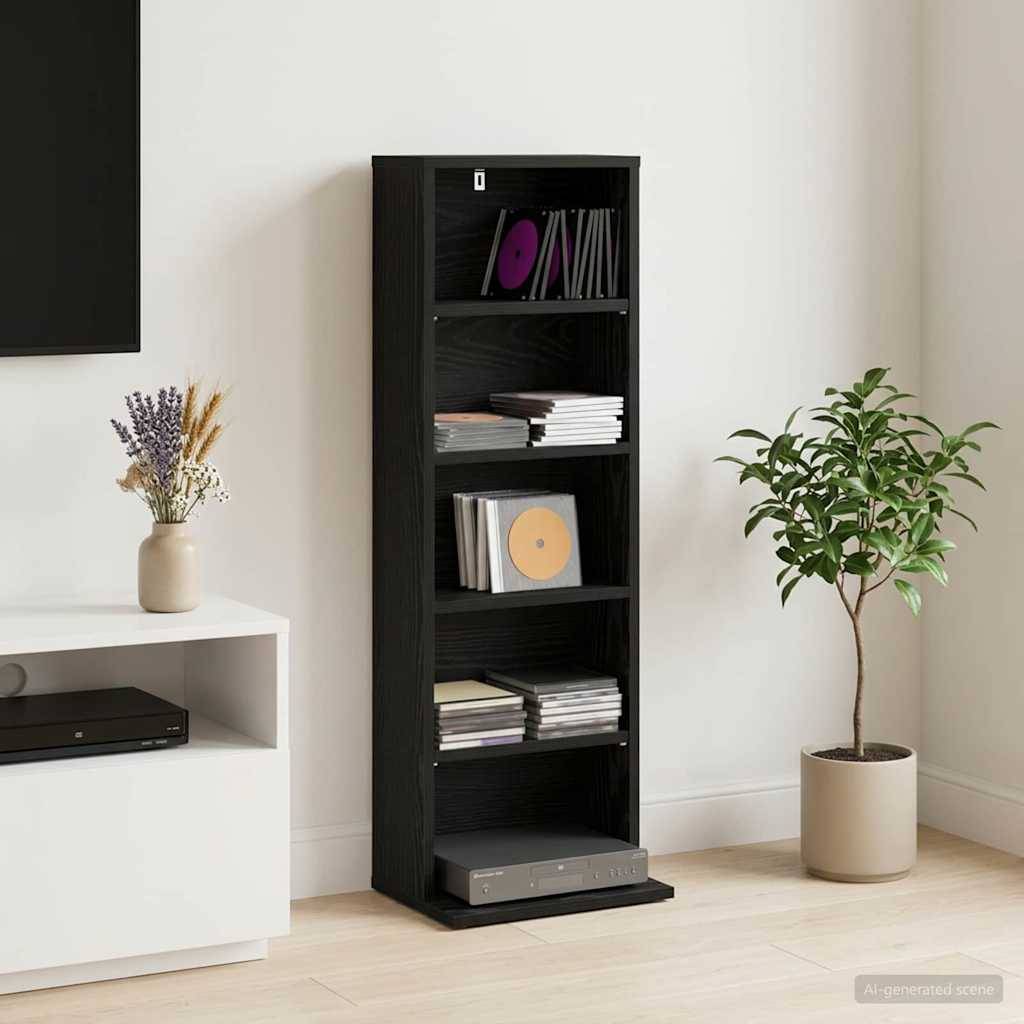 Eine hohe schwarze Regalanlage hält Schallplatten und Bücher in einem minimalistischen Zimmer, zwischen einem weißen Schrank mit einer Vase und einem Topfbaum.