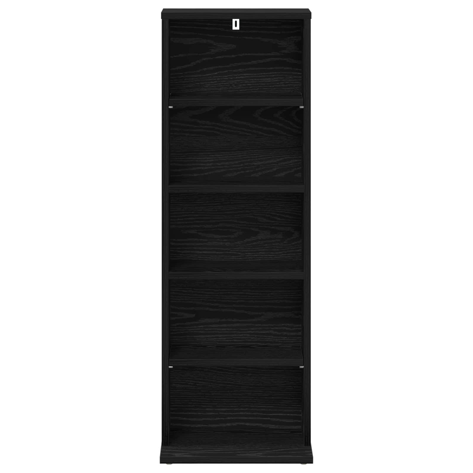 Hohes schwarzes fünfteiliges Bücherregal mit Holzmaserungsfinish, Vorderansicht auf weißem Hintergrund dargestellt.