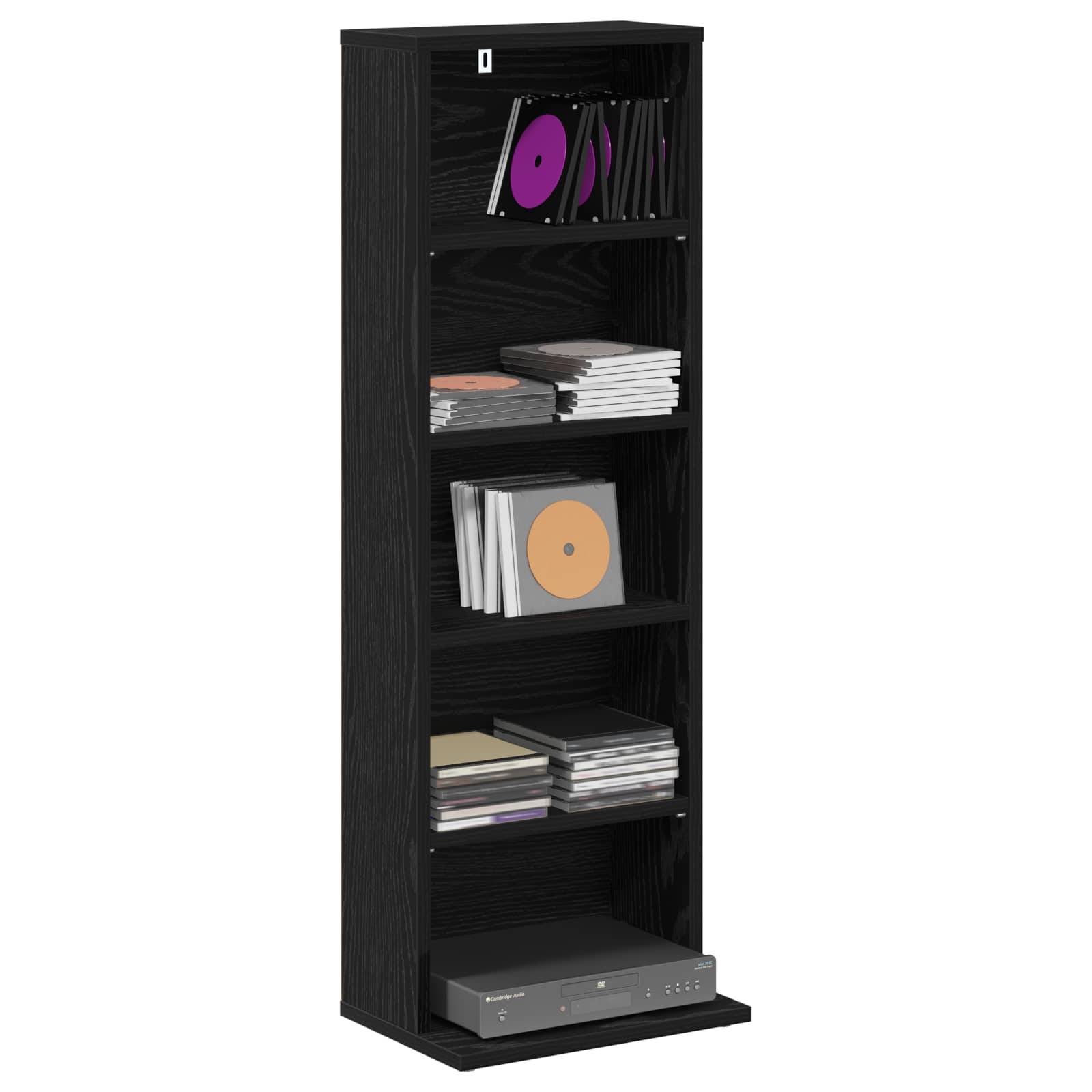 Schwarzer hoher Wandschrank mit gestapelten CDs/DVDs und einem Media-Player am unteren Ende.
