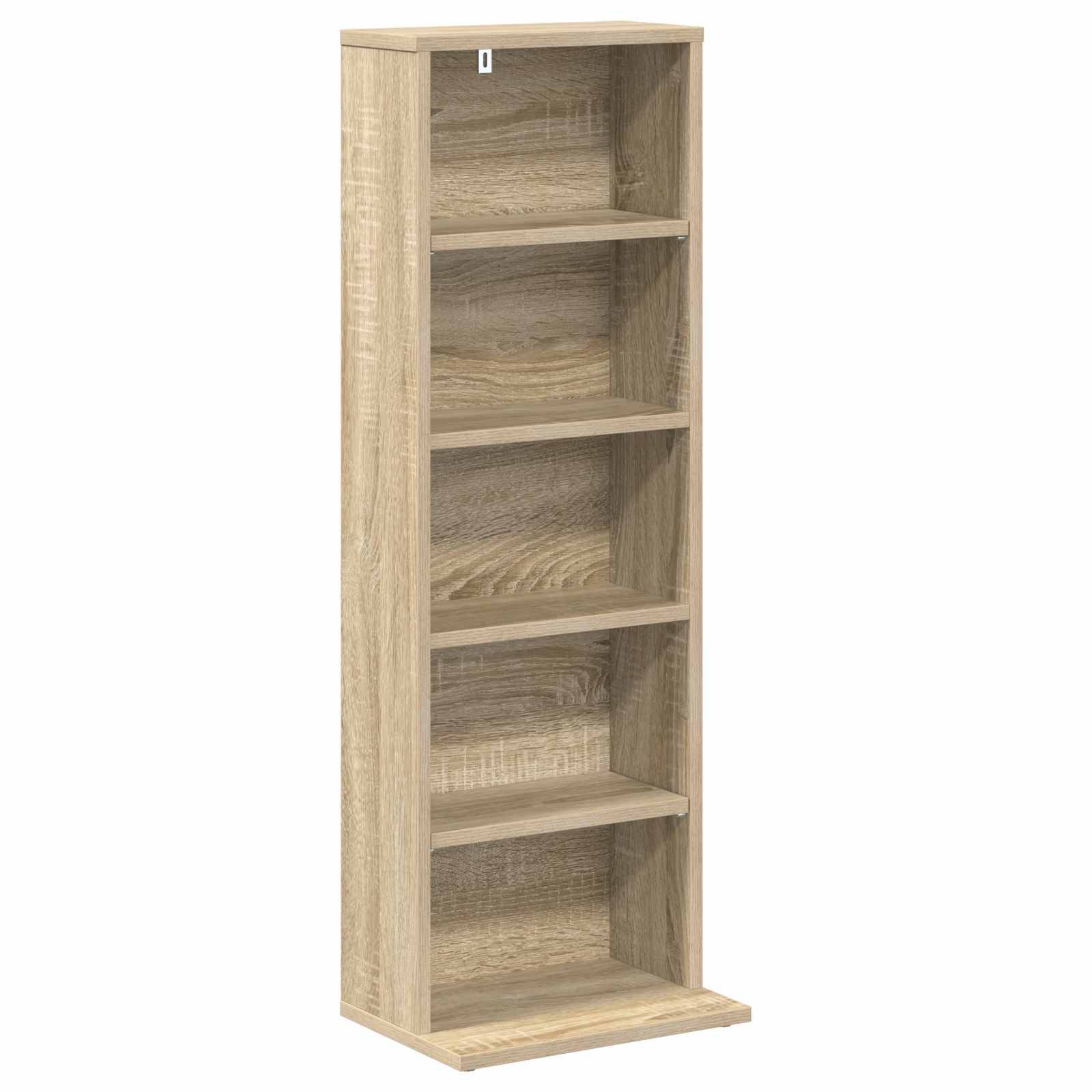 Hohes, helles Holz-Regalmodul mit offenen Regalen, fünf Fächern und einer kleinen Sockelleiste, dargestellt vor weißem Hintergrund.