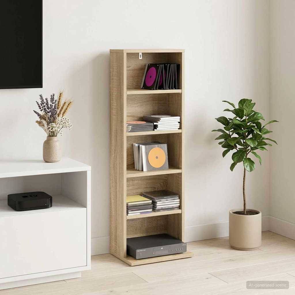 Hohles hölzernes Medienregal mit Schallplatten und gestapelten CDs, daneben ein Topfbaum in einem minimalistischen Wohnzimmer.