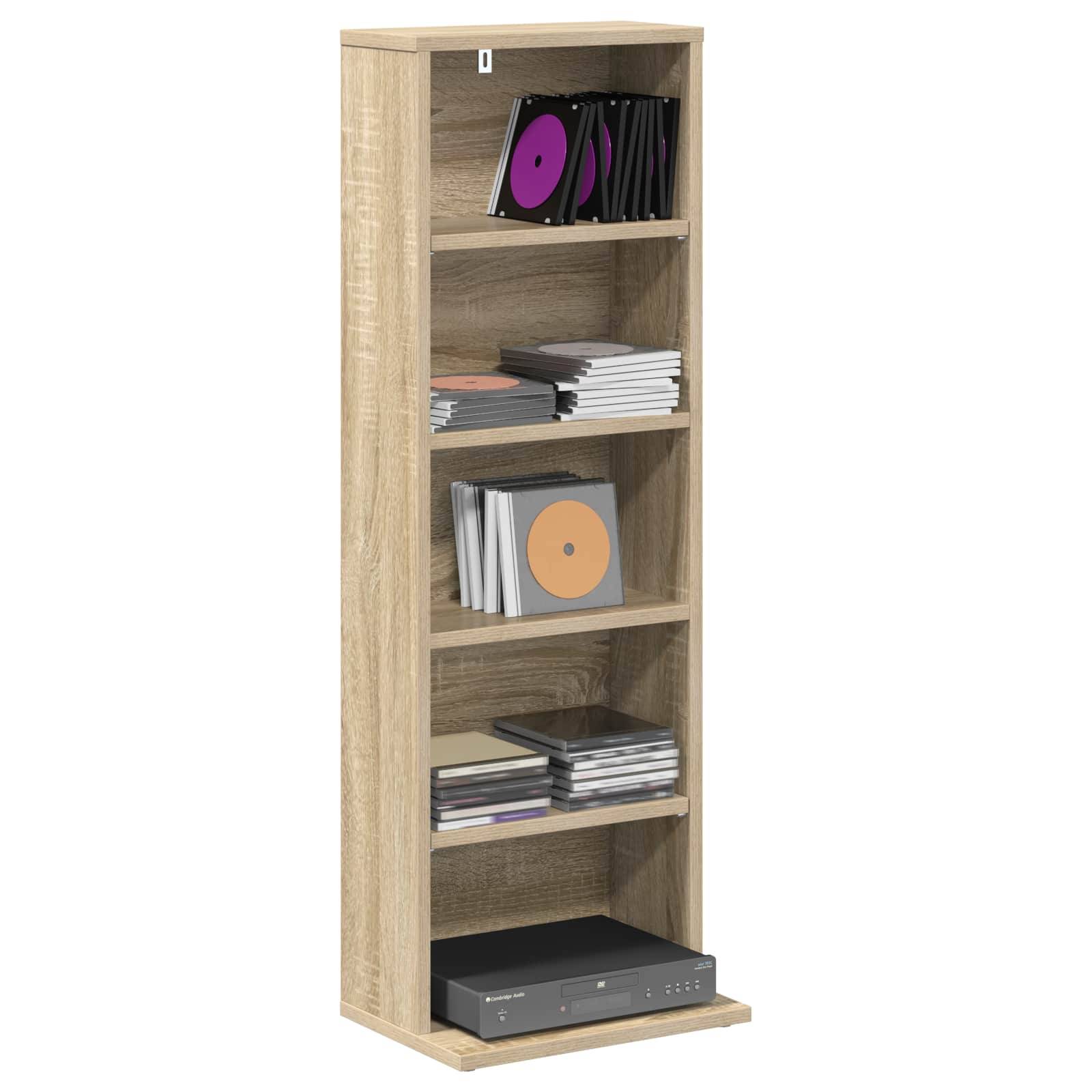 Hohes hölzernes Medienregal mit Schallplatten, CD-Hüllen und einer Stereoanlage auf dem unteren Regal.