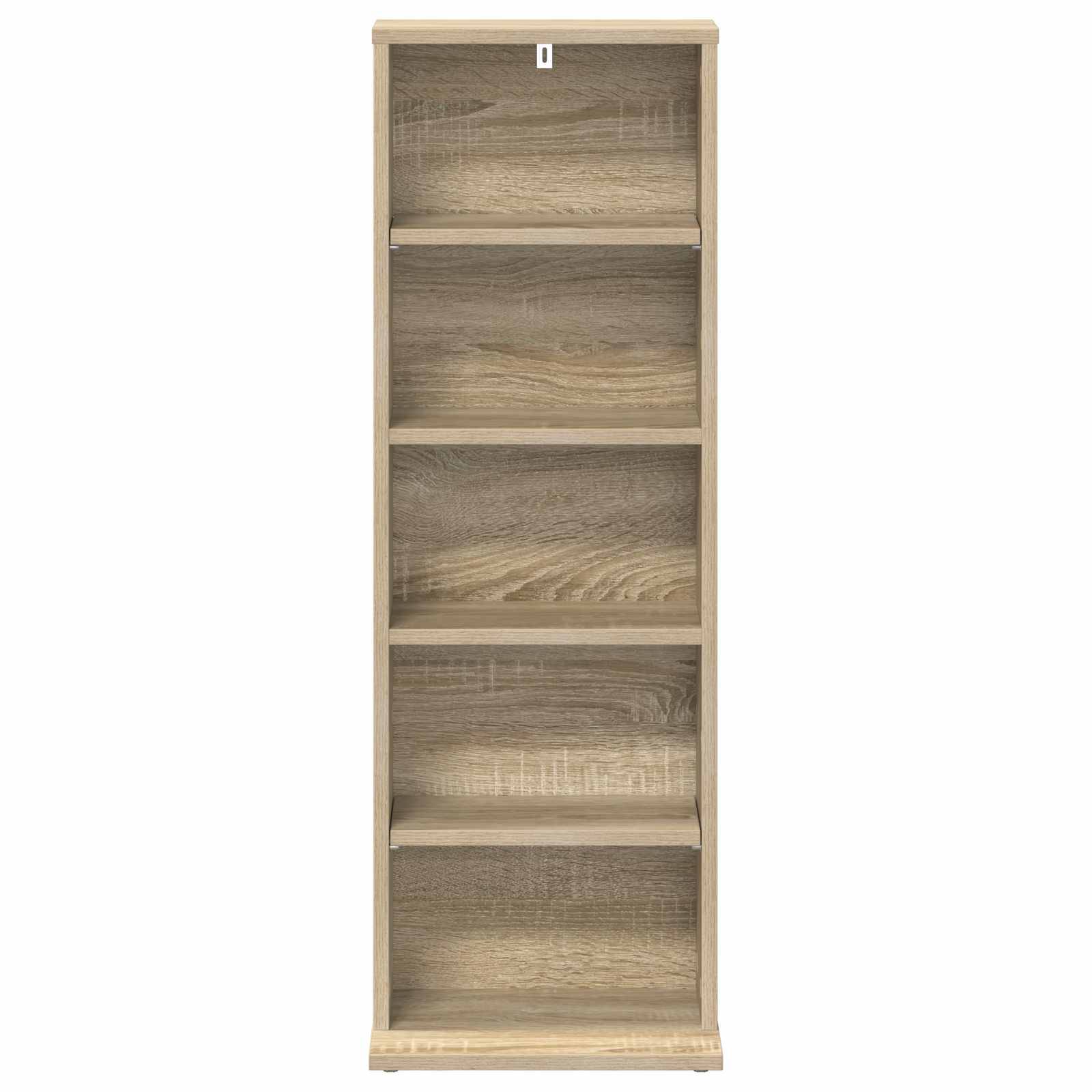 Hohes, schmales Holzbücherregal mit fünf offenen Regalen in hellem Eichenfinish, Vorderansicht auf weißem Hintergrund dargestellt.