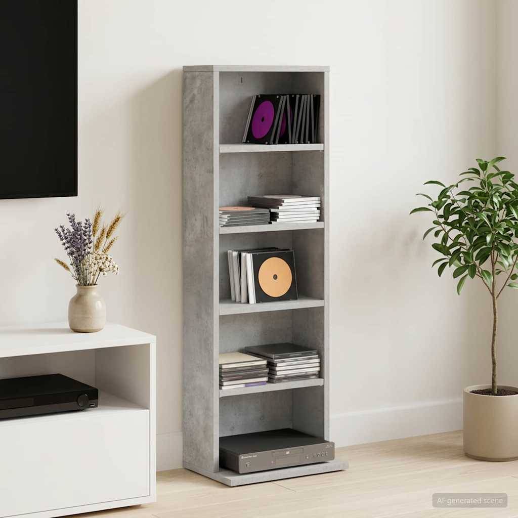 Hohes graues Regalsystem mit Büchern und Schallplatten in einem minimalistischen Raum, flankiert von einem weißen Schrank mit Vase und einem Topfbaum.