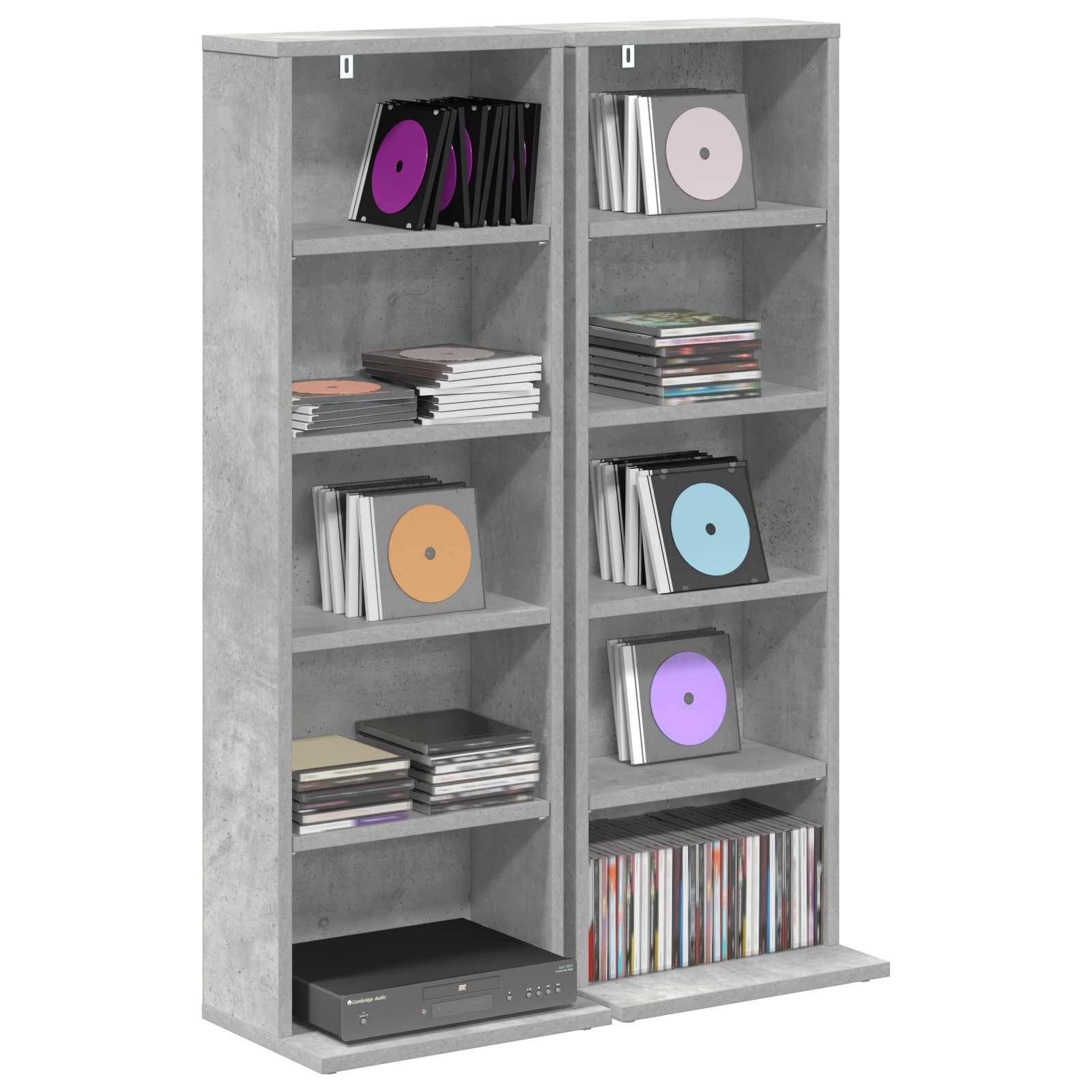 Graues offenes Regalsystem gefüllt mit CD-Hüllen, Schallplatten und einem Stereo-Komponententeil auf dem unteren Regal.