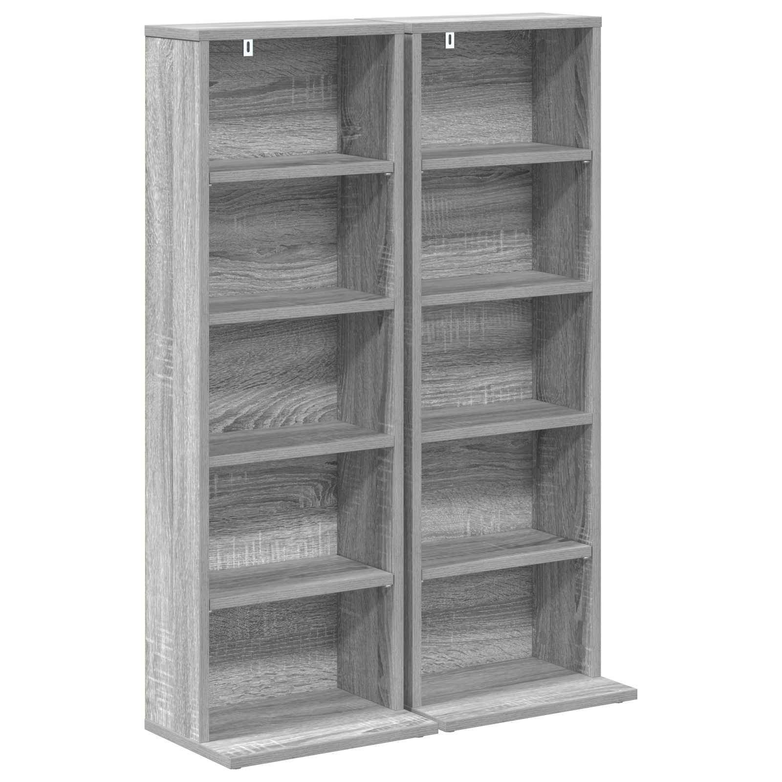 Holzschrank zur CD-/DVD-Lagerung mit zwei verglasten offenen Frontabschnitten und verstellbaren Regalen, dargestellt in einer produktstilisierten Ansicht.
