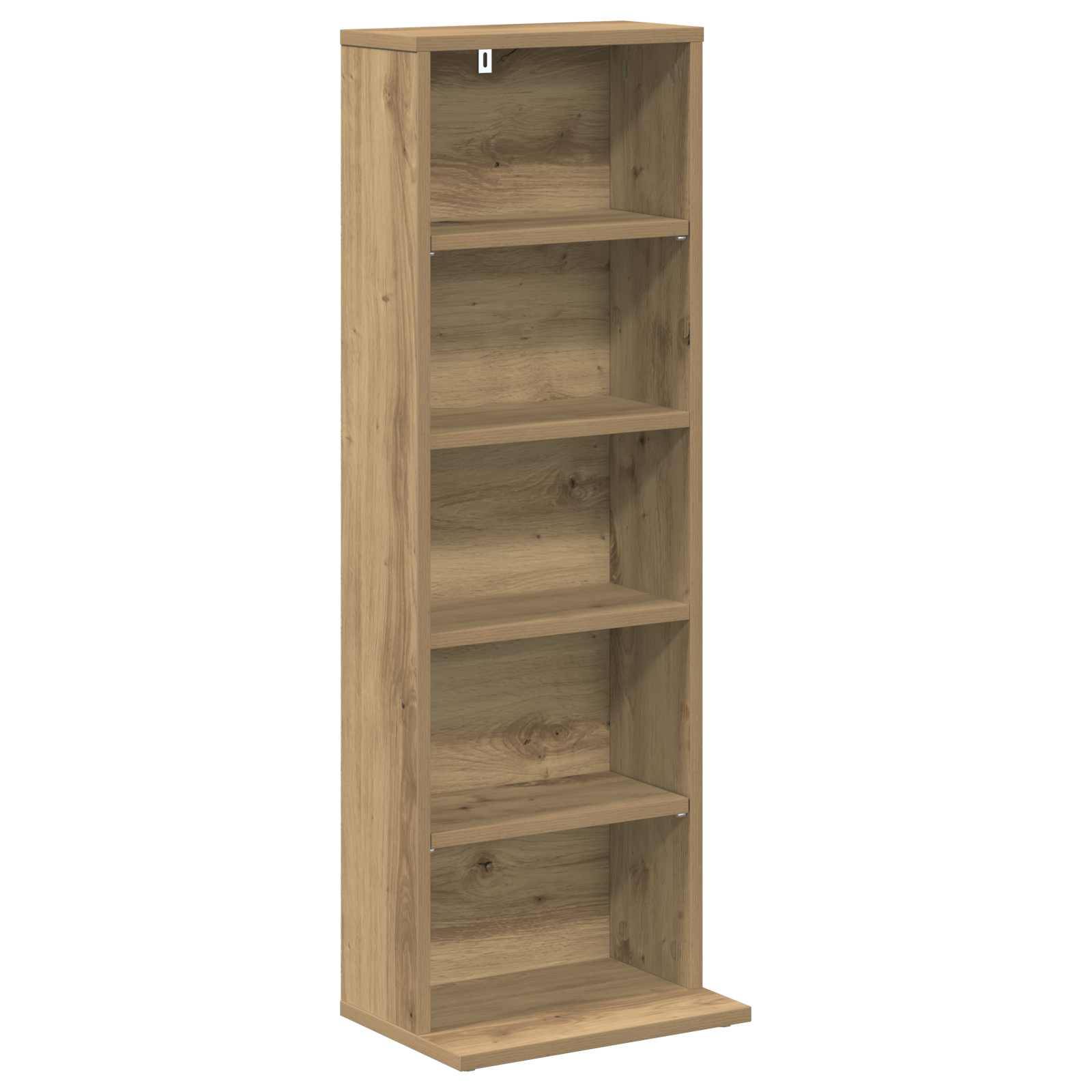 Hohles Holzbucherregal mit fünf Regalen und einer kleinen Basisplattform, gezeigt auf weißem Hintergrund.