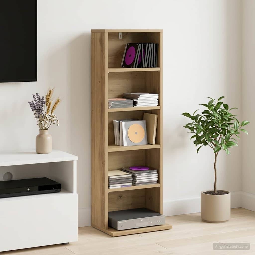 Ein hohes Holzbücherregal mit Schallplatten und Büchern steht in einem minimalistischen Raum neben einem Topfbaum und einem weißen Medienblock.
